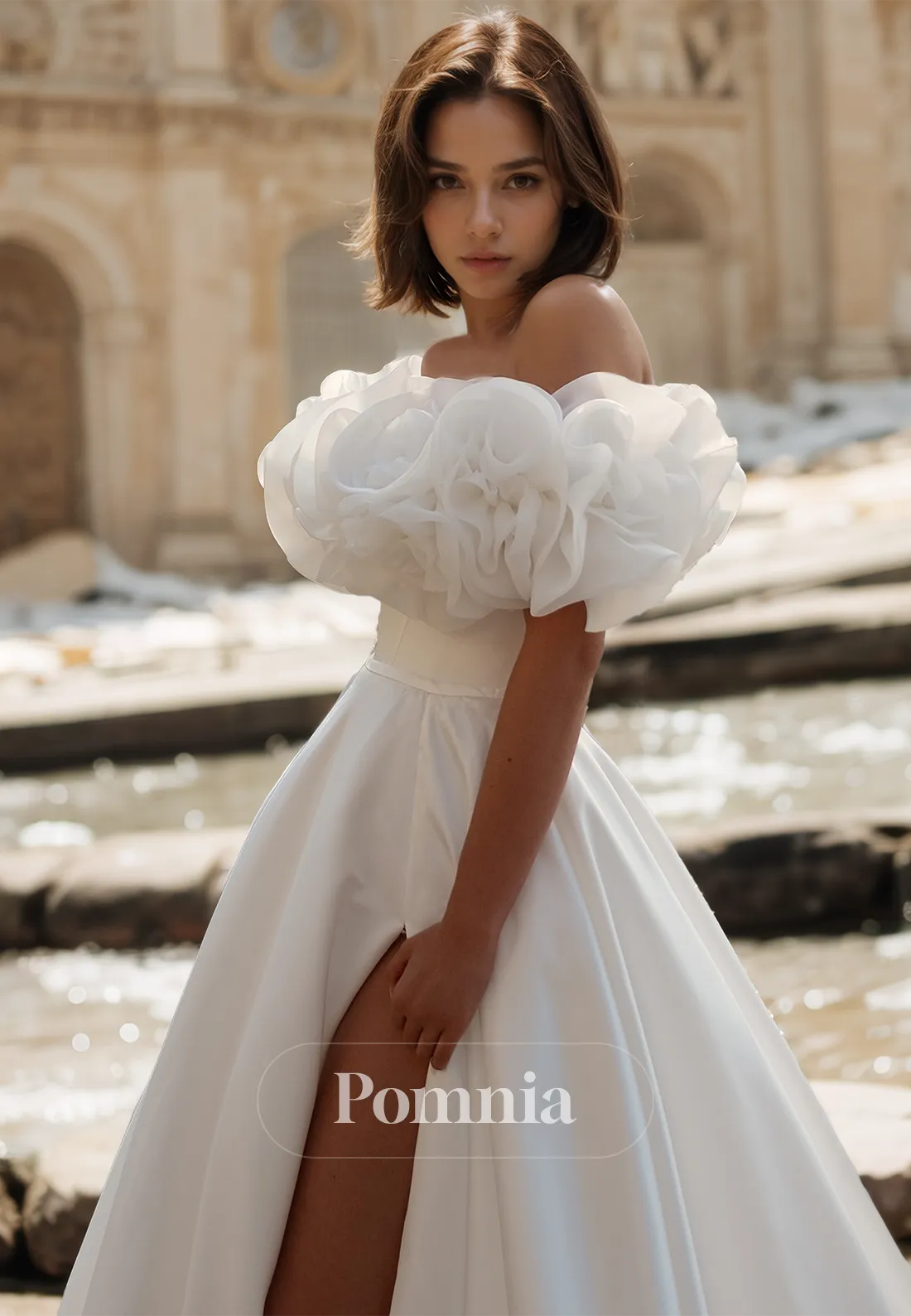 A-Line Appliques Empire-Waist Side Slit Court Train Satin Wedding Dress