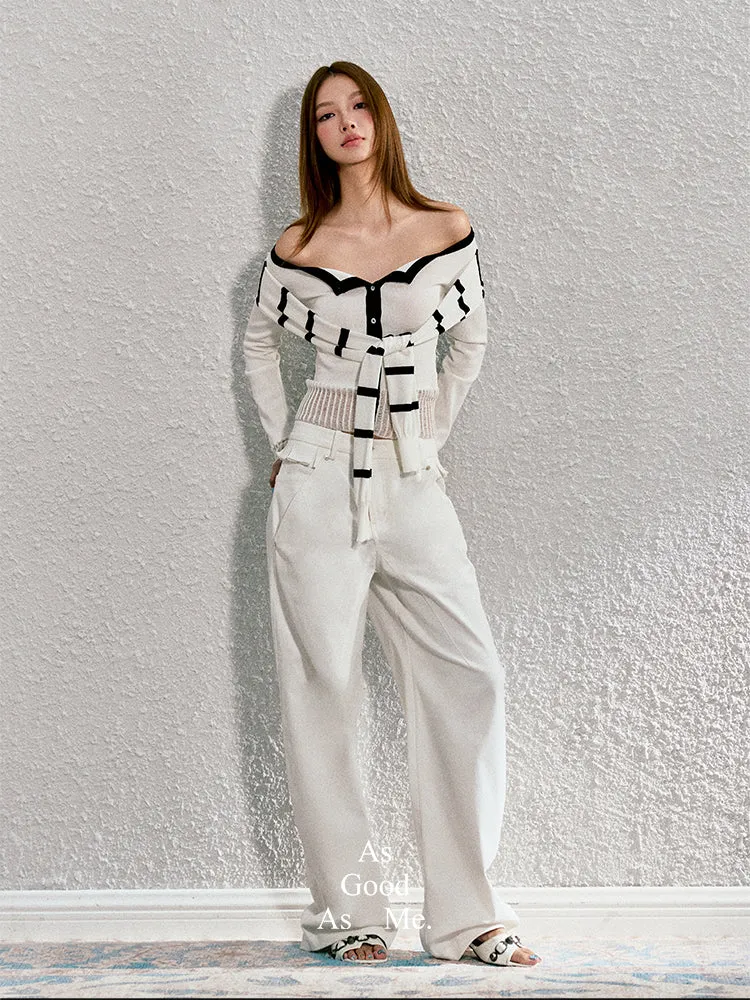 AGAM Off-Shoulder Tie-Up Top with Layered Knit Cardigan Design