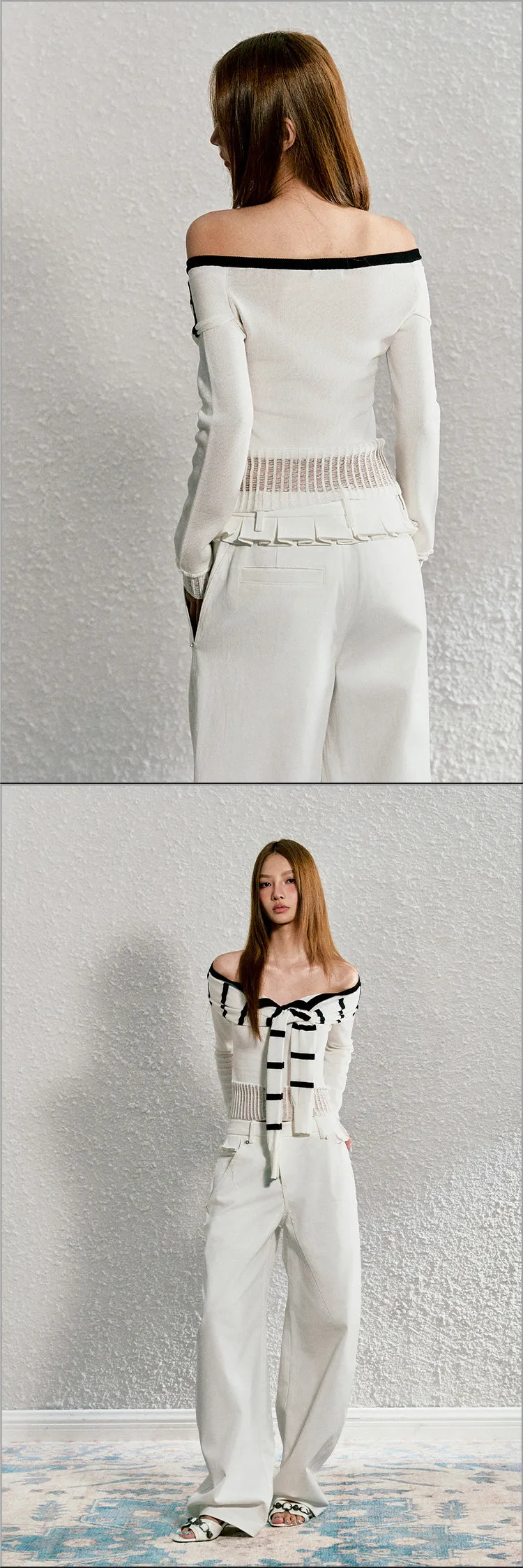 AGAM Off-Shoulder Tie-Up Top with Layered Knit Cardigan Design