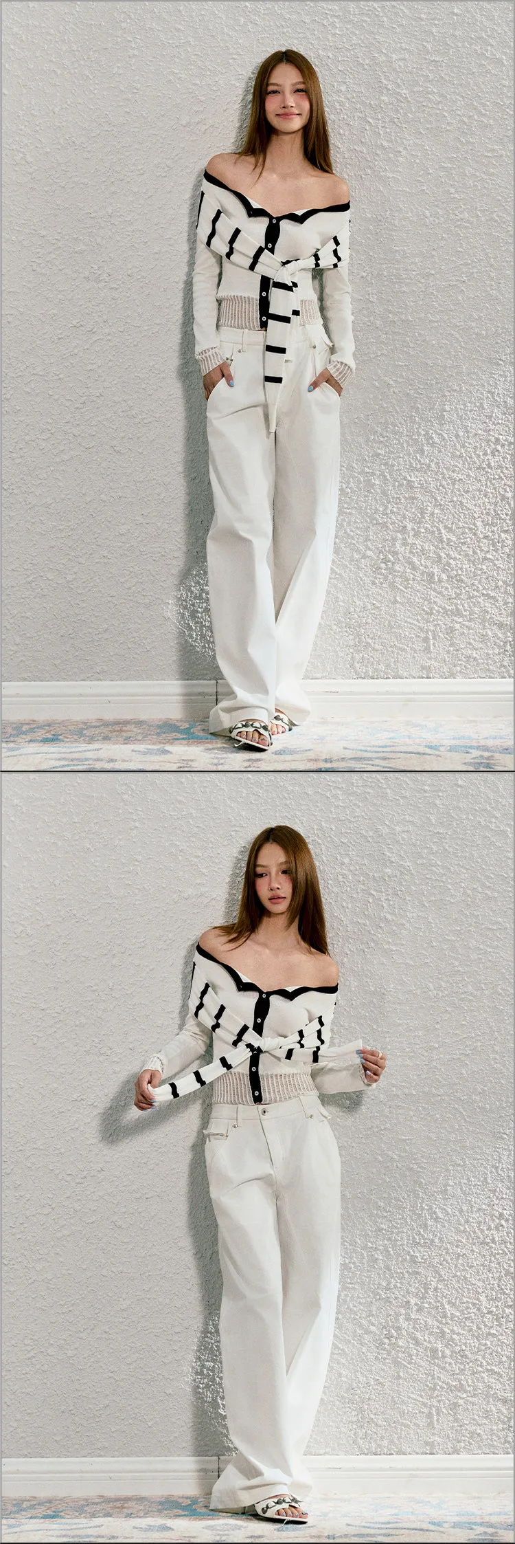 AGAM Off-Shoulder Tie-Up Top with Layered Knit Cardigan Design