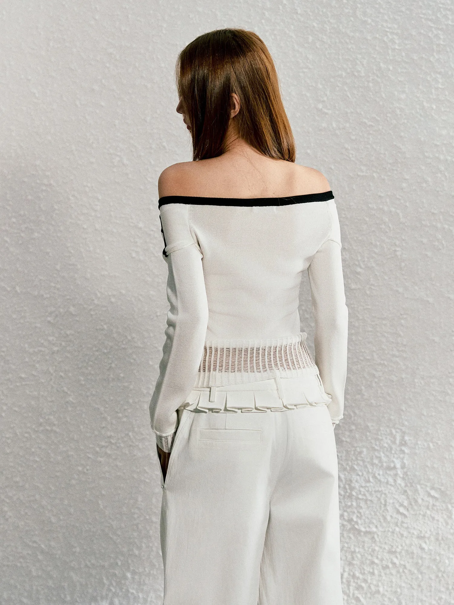 AGAM Off-Shoulder Tie-Up Top with Layered Knit Cardigan Design