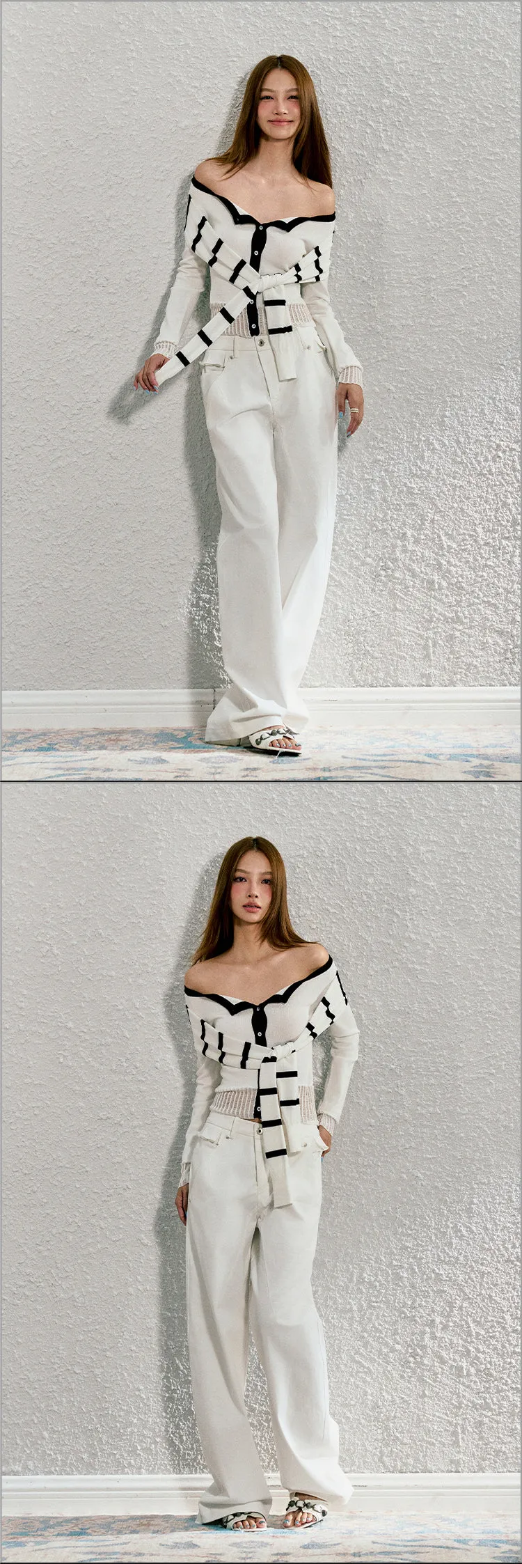 AGAM Off-Shoulder Tie-Up Top with Layered Knit Cardigan Design