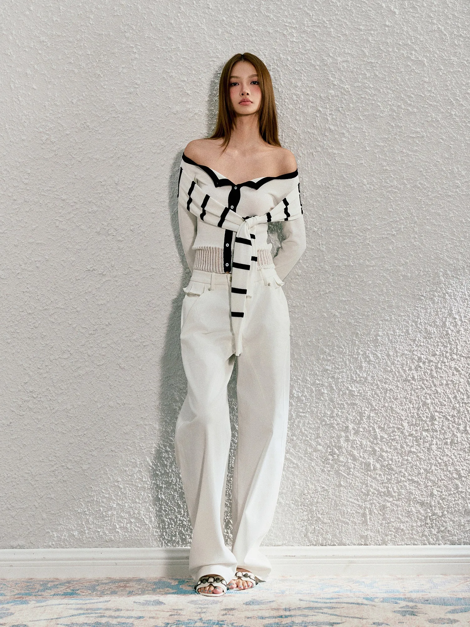 AGAM Off-Shoulder Tie-Up Top with Layered Knit Cardigan Design