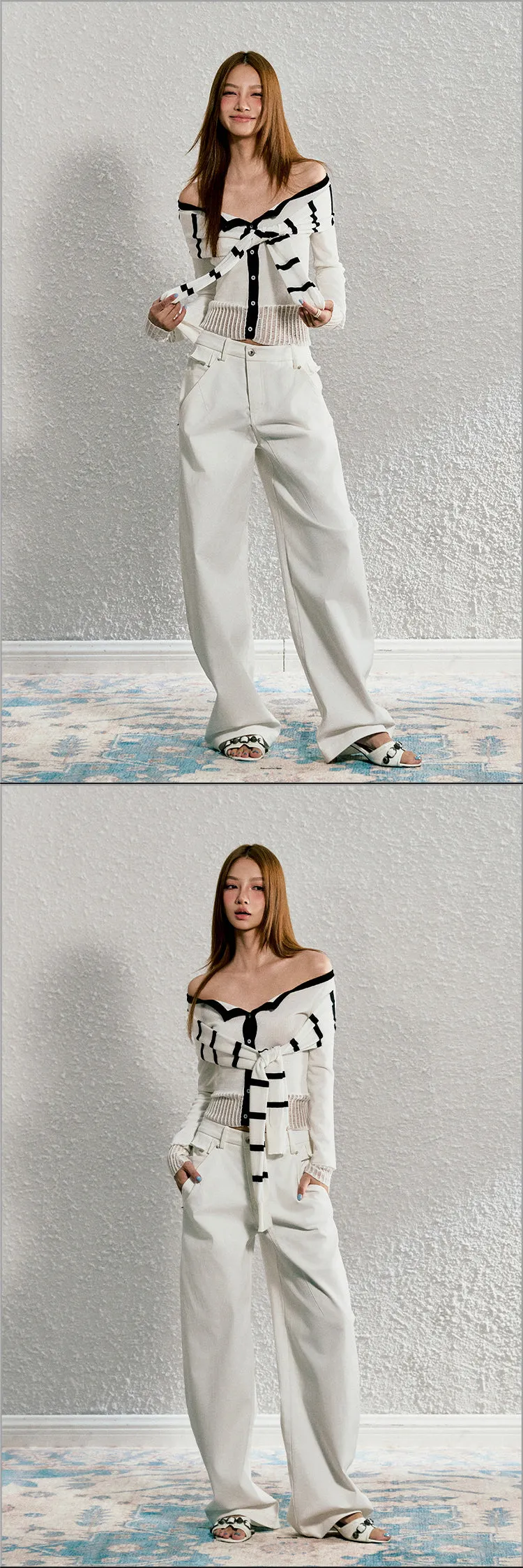 AGAM Off-Shoulder Tie-Up Top with Layered Knit Cardigan Design