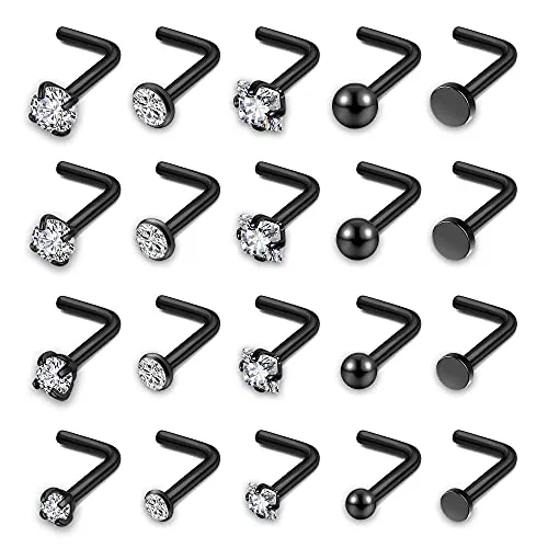 AllerPierce 20G 20Pcs Nose Studs Rings Stainless Steel CZ Black L Shape Stud Nose Piercing Jewelry for Women Men Hypoallergenic Nose Pin 1.5mm 2mm 2.5mm 3mm