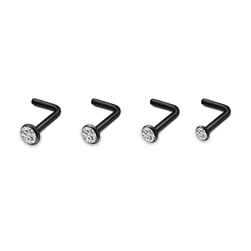 AllerPierce 20G 20Pcs Nose Studs Rings Stainless Steel CZ Black L Shape Stud Nose Piercing Jewelry for Women Men Hypoallergenic Nose Pin 1.5mm 2mm 2.5mm 3mm