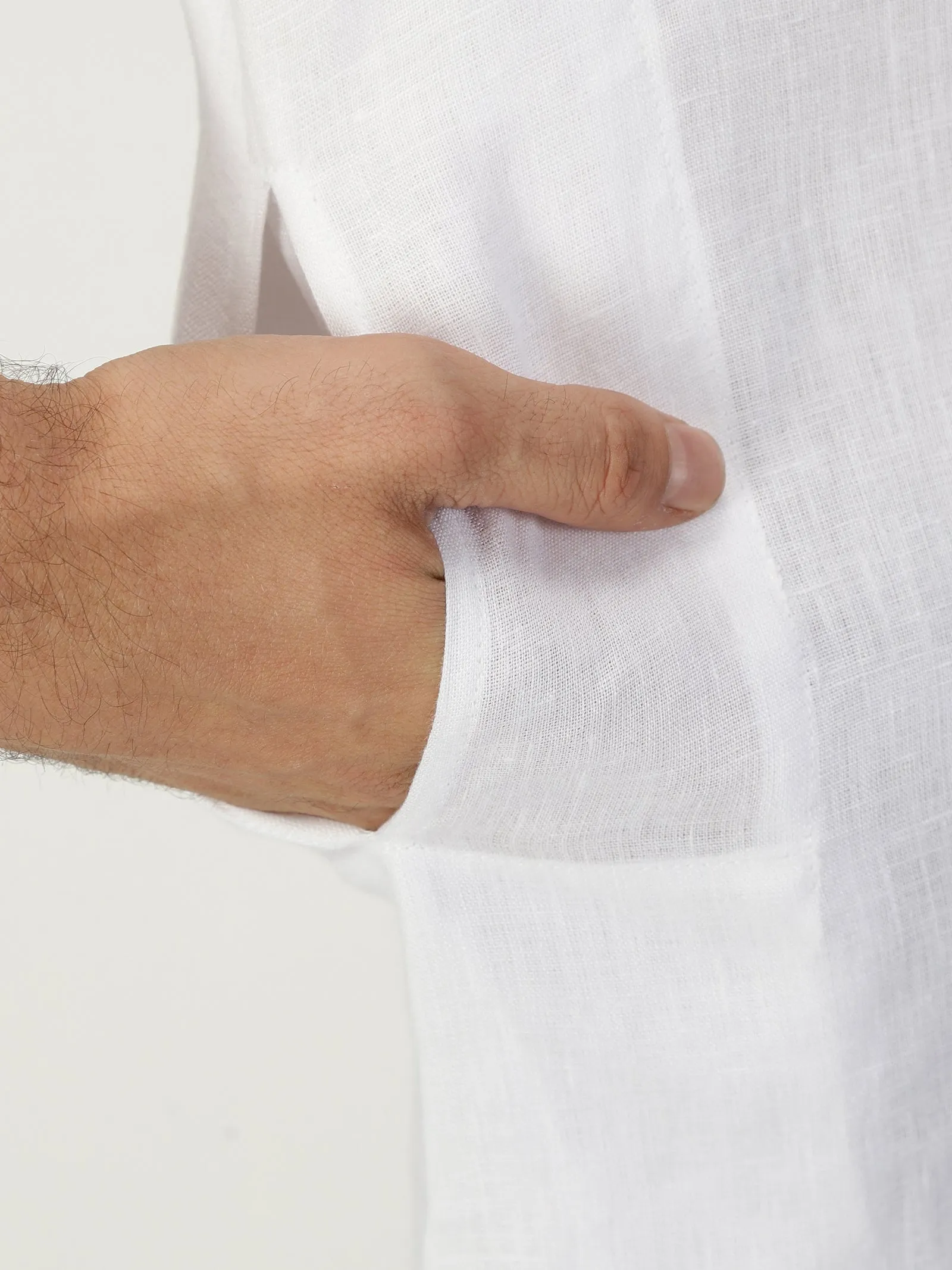 Ashok - Half Sleeve Mandarin Collar Pure Linen Short Kurta - White