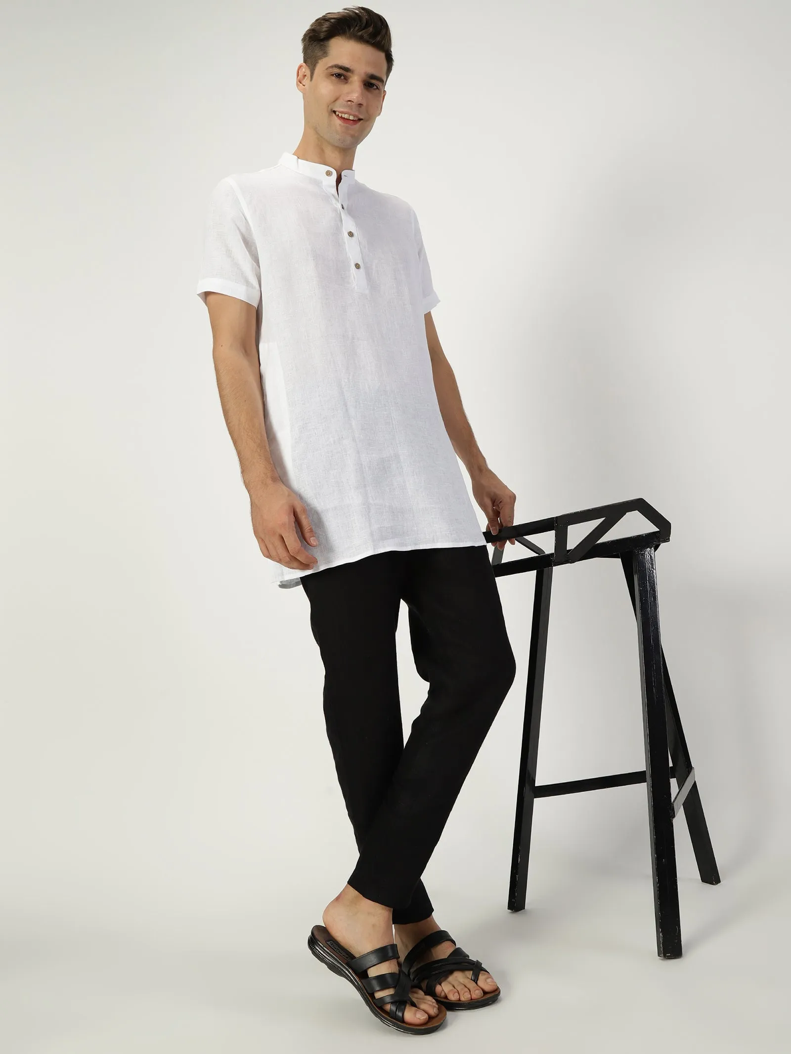 Ashok - Half Sleeve Mandarin Collar Pure Linen Short Kurta - White