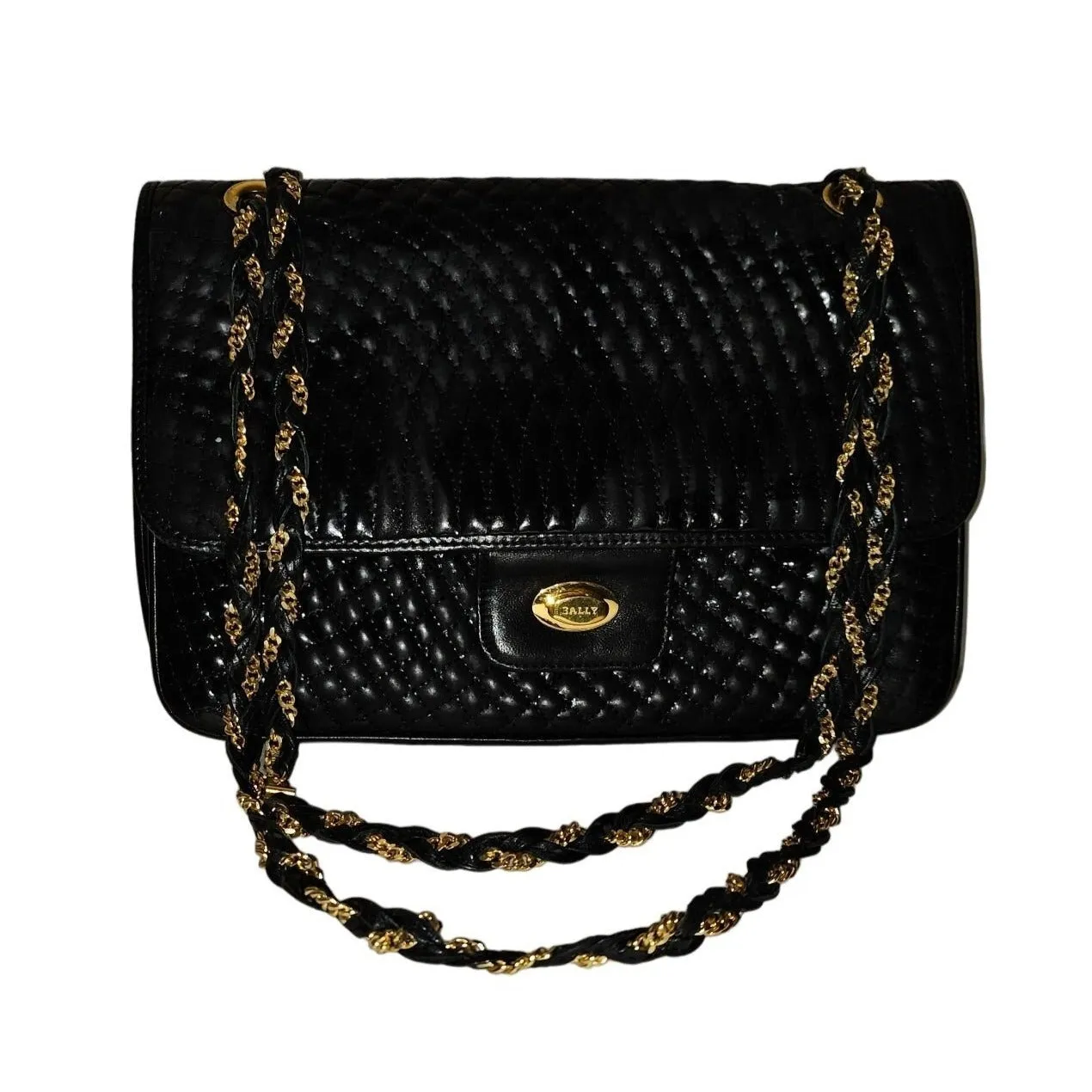 Bally black quilted leather large shoulder bag w chain strap