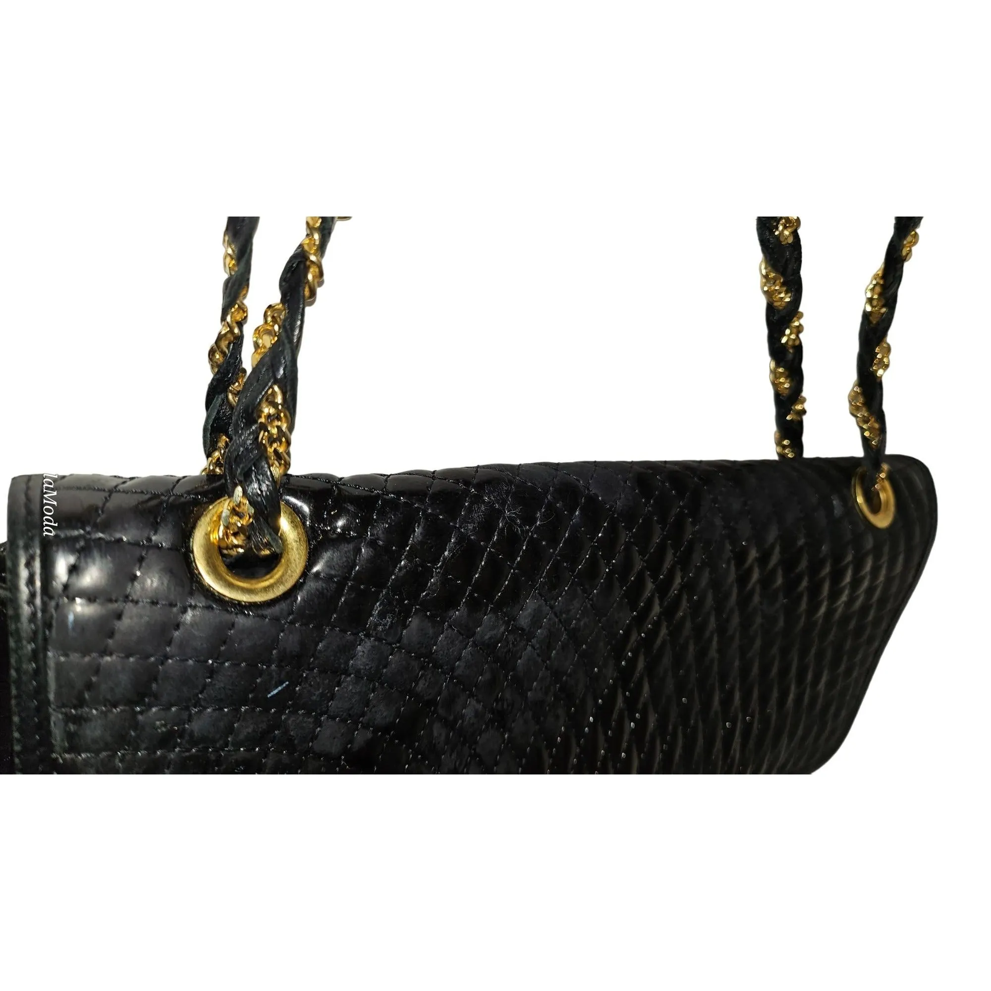 Bally black quilted leather large shoulder bag w chain strap