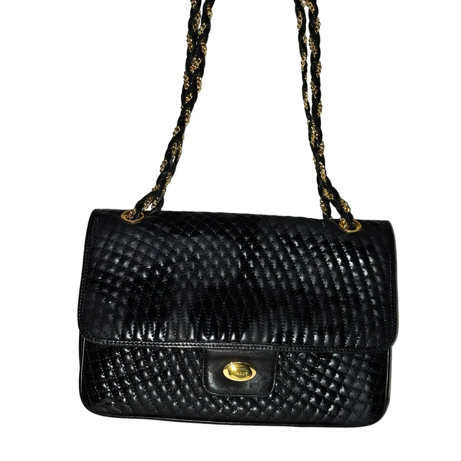 Bally black quilted leather large shoulder bag w chain strap