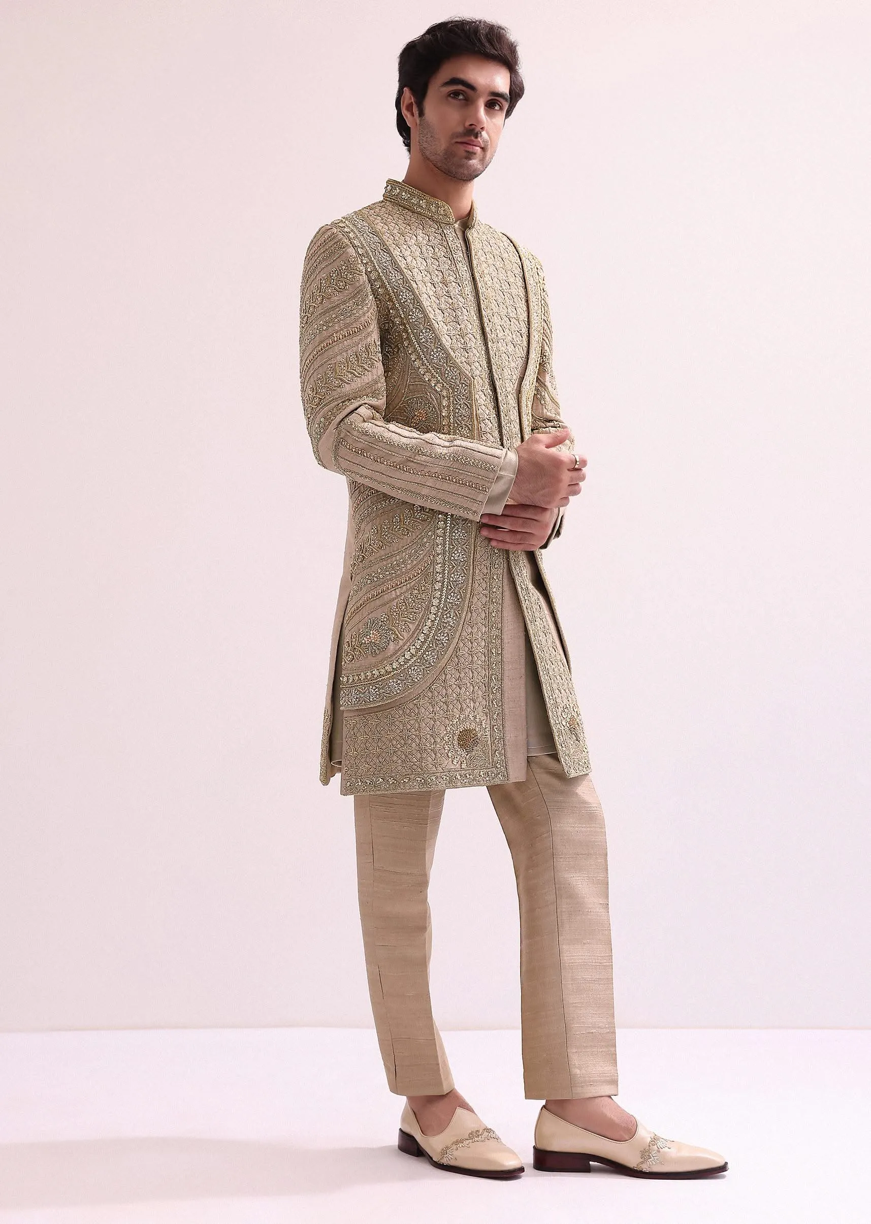 Beige Double Layered Round Cut Sherwani And Kurta Set