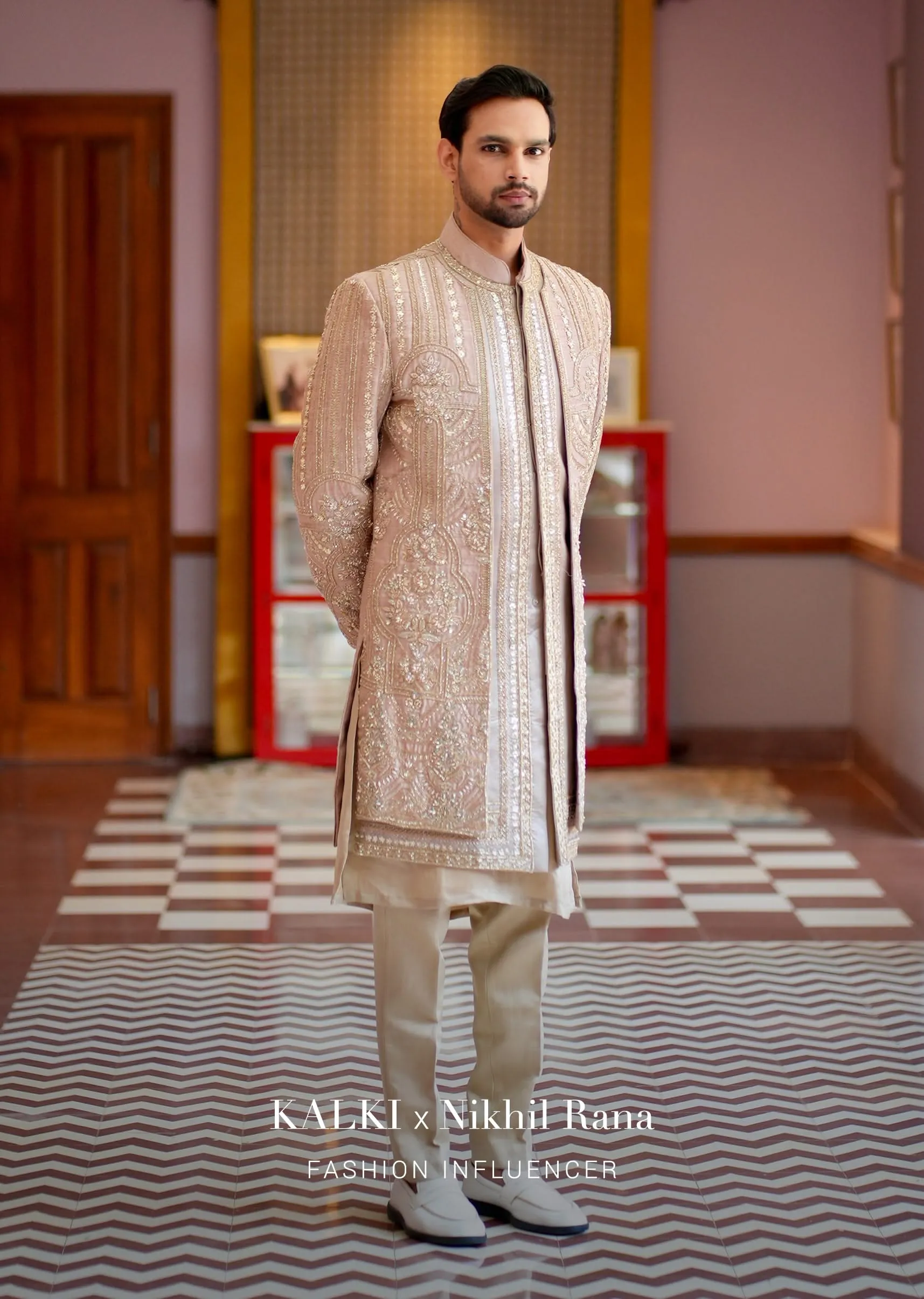 Beige Double Layered Straight Cut Silk Sherwani And Kurta Set