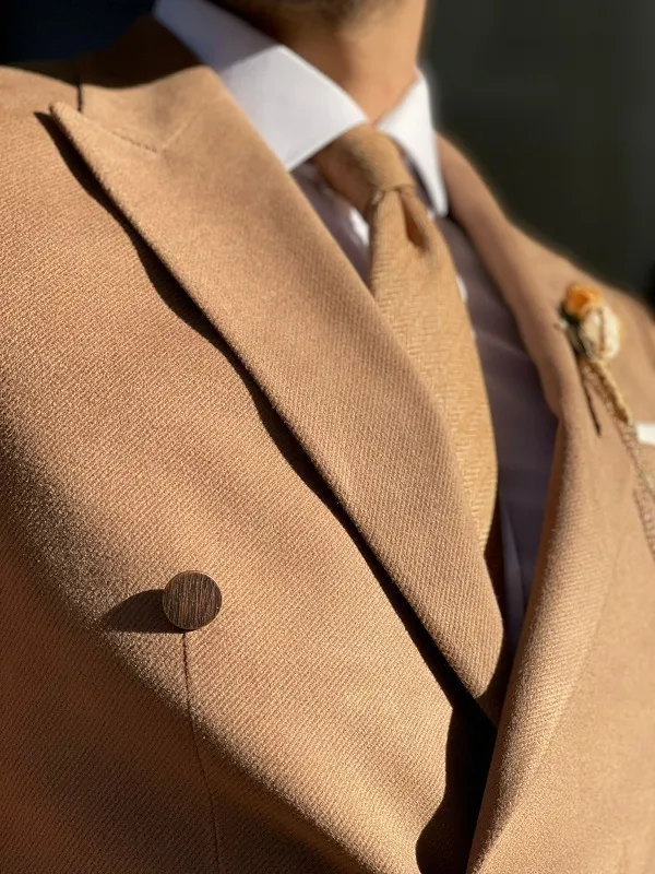 Beige Slim Fit Double Breasted Wool Blazer for Men by GentWith.com