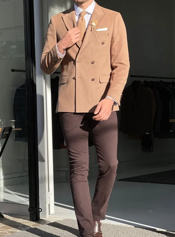 Beige Slim Fit Double Breasted Wool Blazer for Men by GentWith.com