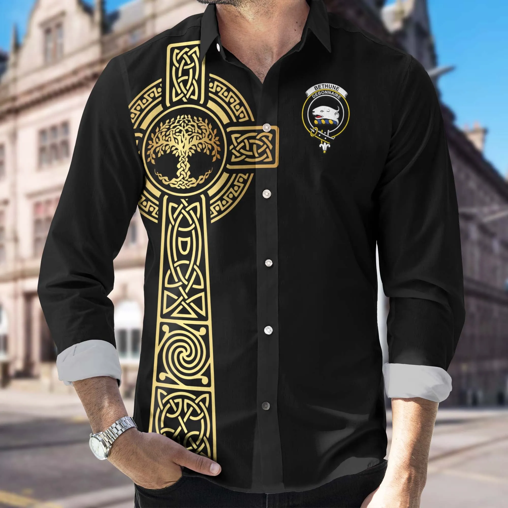 Bethune Clan Mens Long Sleeve Button Up Shirt with Golden Celtic Tree Of Life