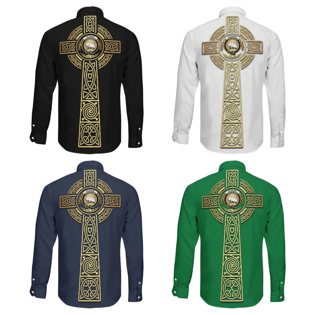 Bethune Clan Mens Long Sleeve Button Up Shirt with Golden Celtic Tree Of Life