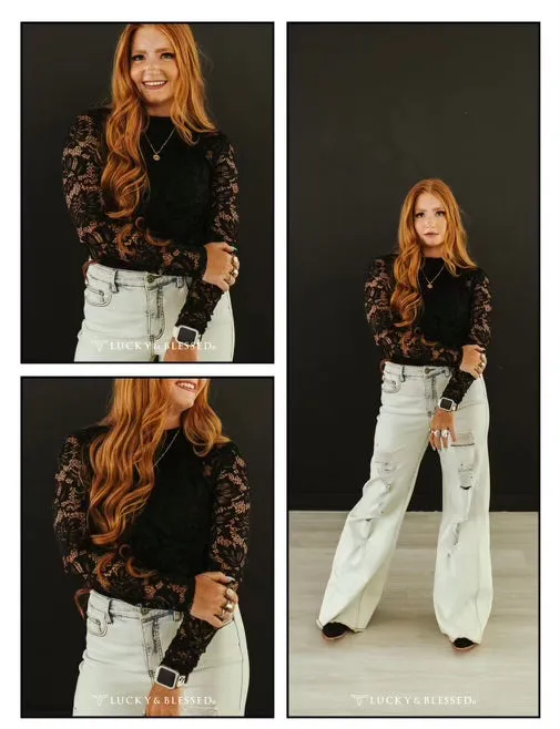 Black Crochet Long Sleeve Top at Bourbon Cowgirl