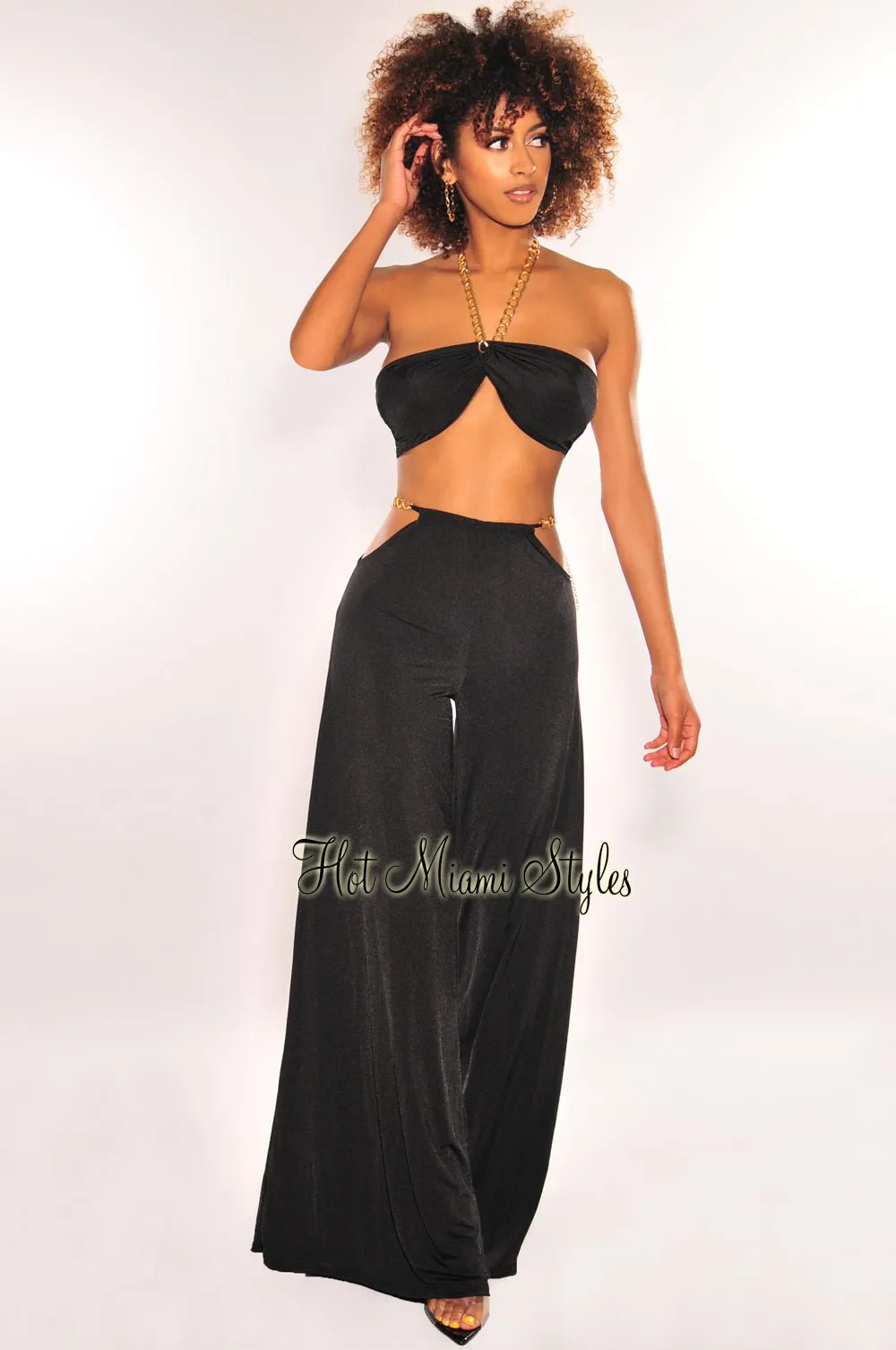 Black Gold Chain Halter Cut Out High Waist Palazzo Two Piece Set