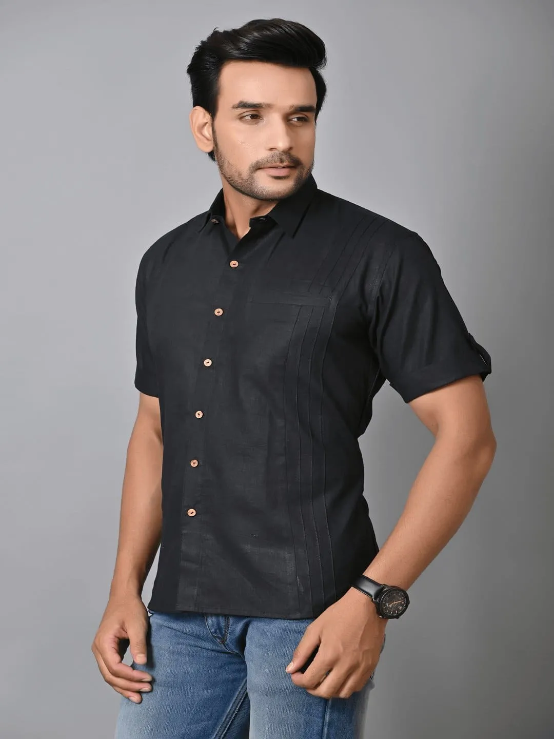 Black Khadi Solid Shirt
