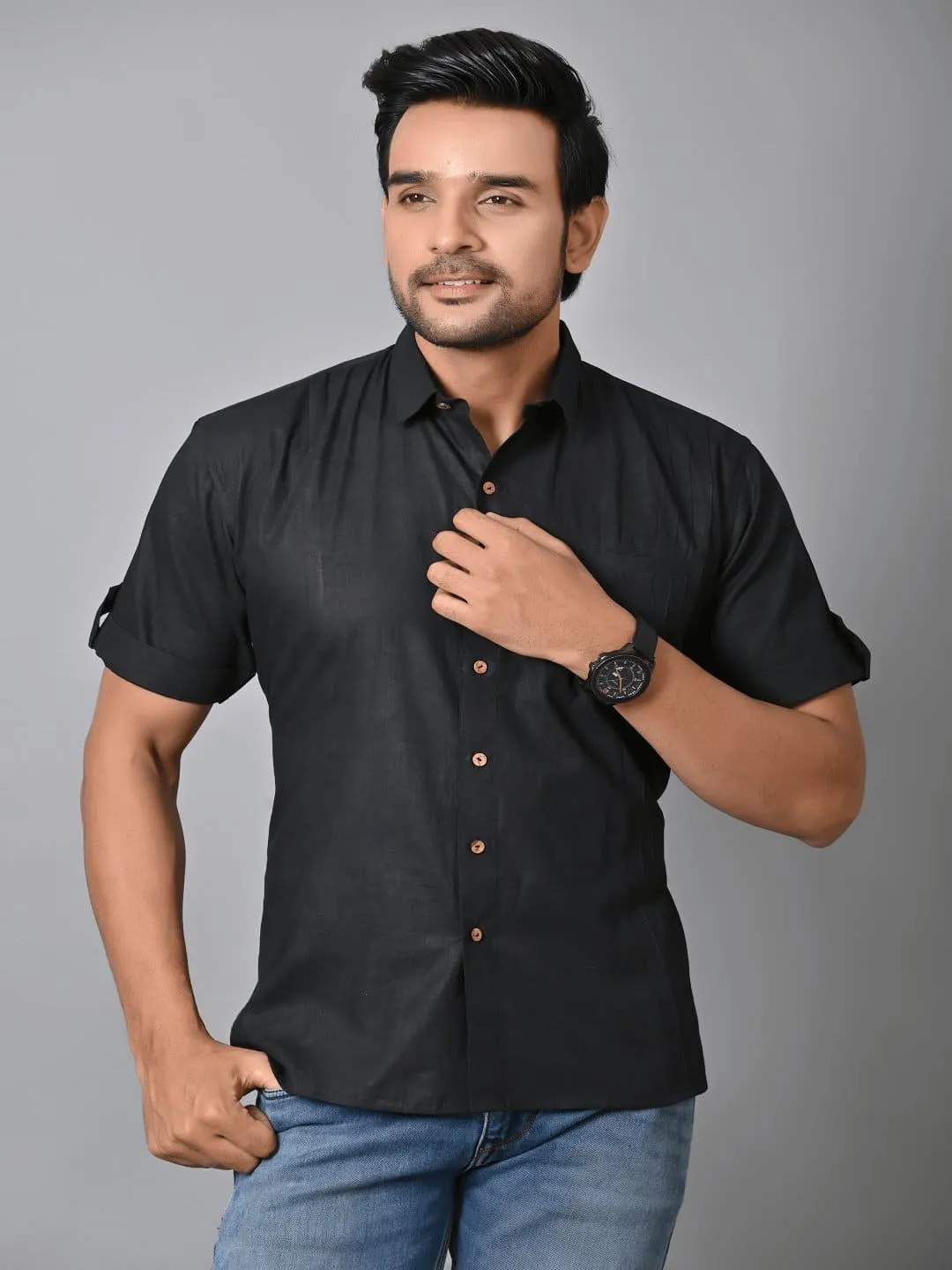 Black Khadi Solid Shirt