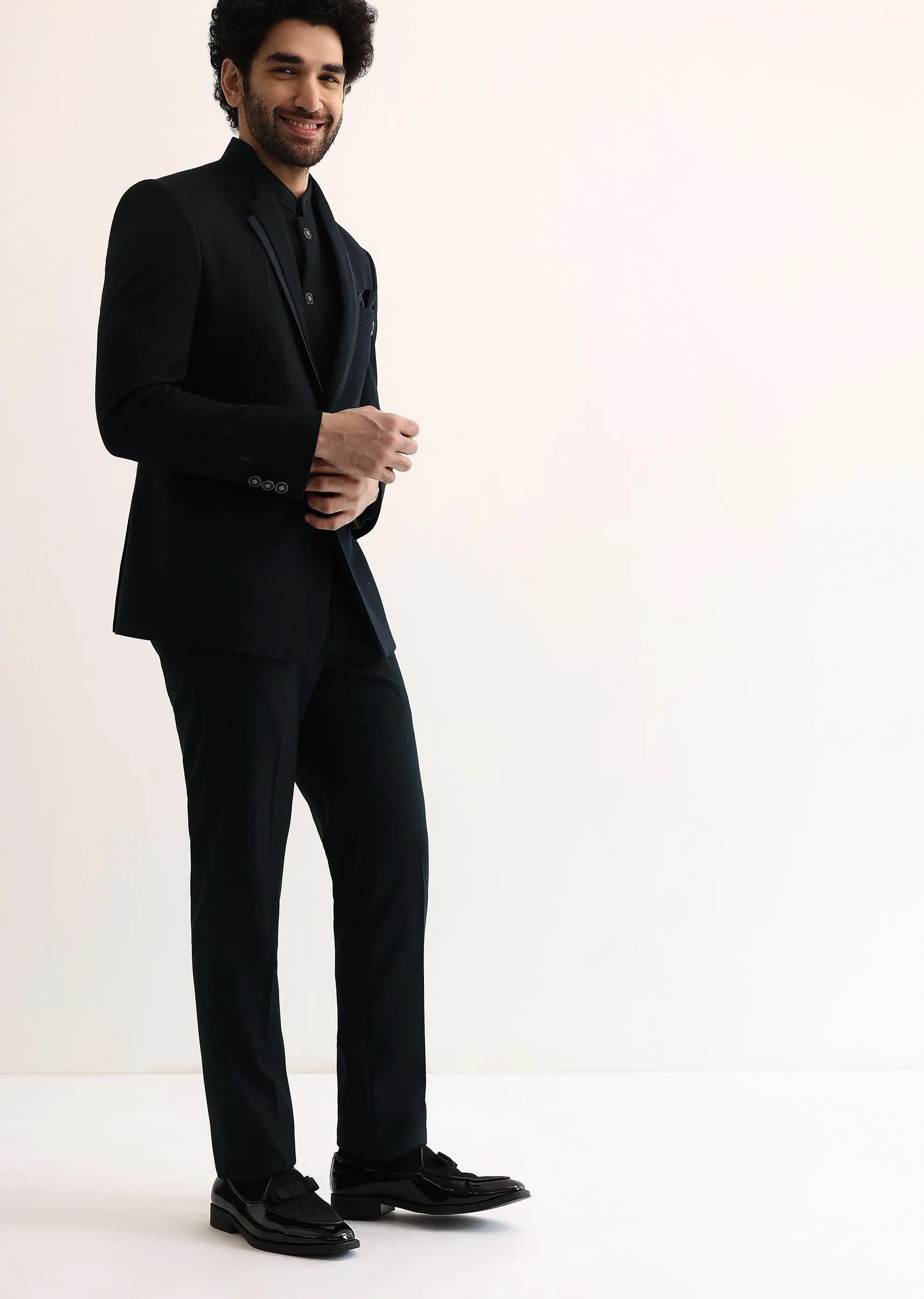 Blue Self Work Embroidered Tuxedo