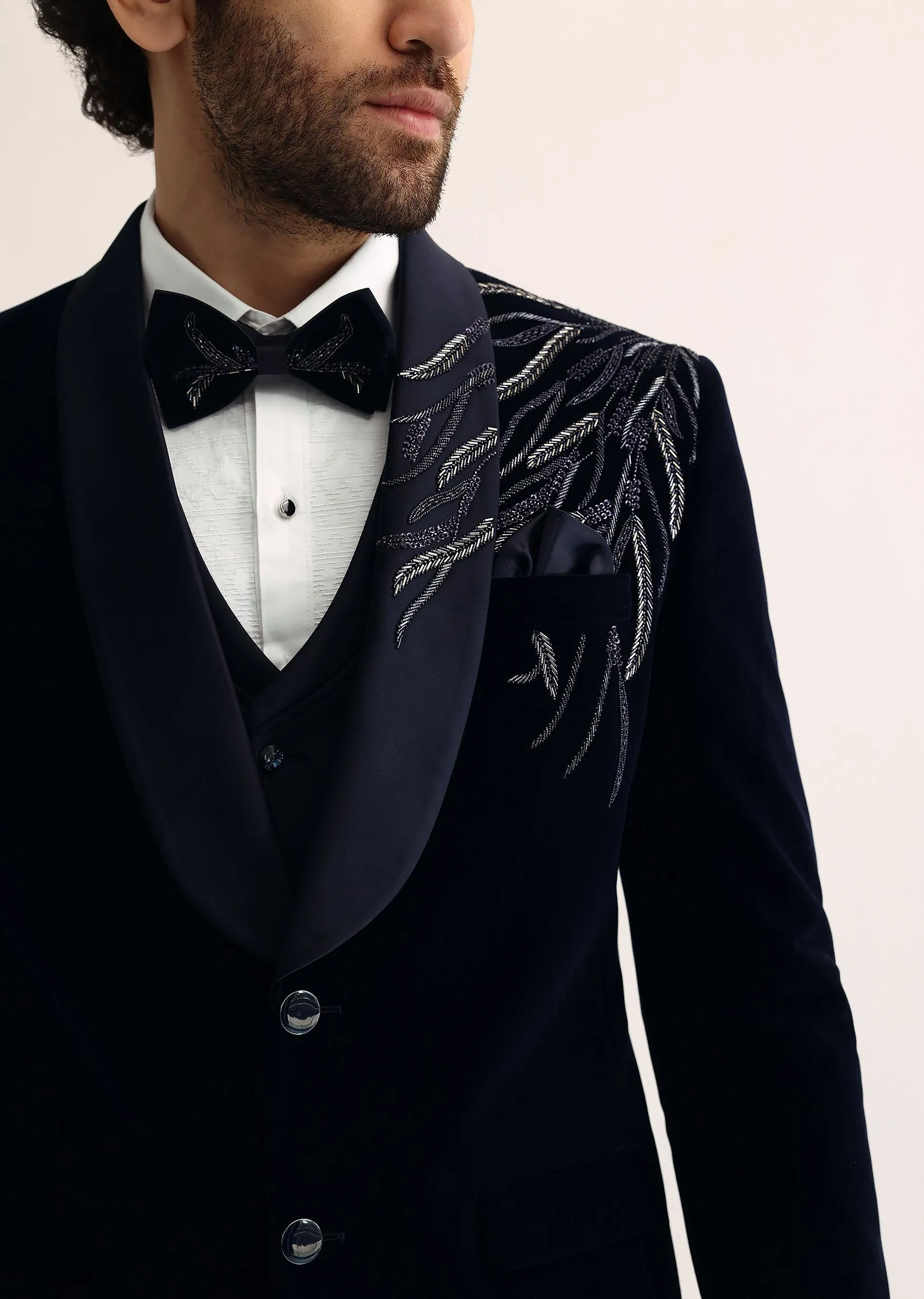 Blue Velvet Cut Dana Embroidered Tuxedo