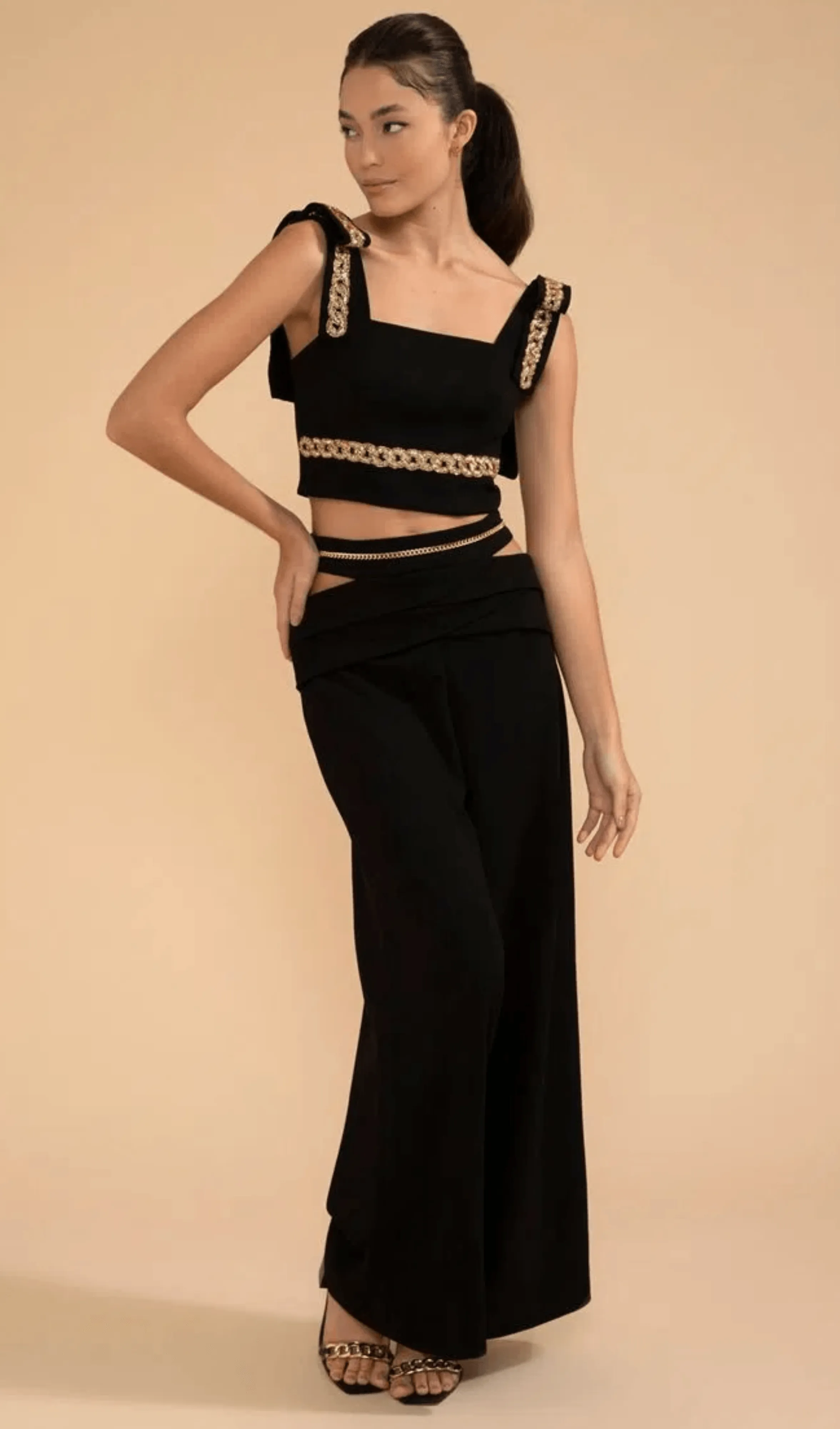 Calça Ampla Corrente Crepe Chain Preto Patbo