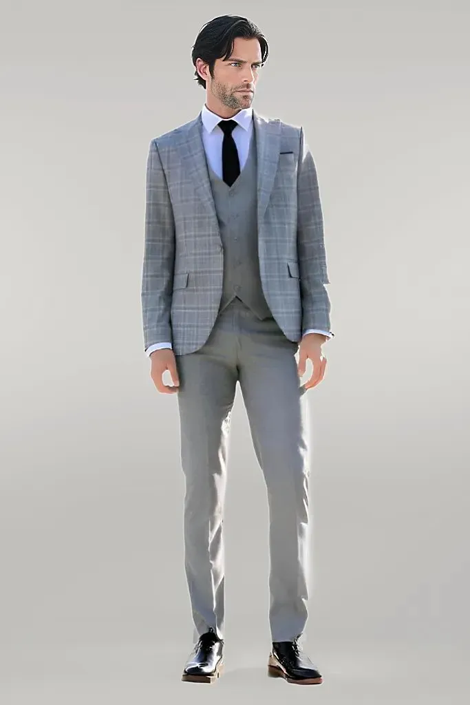 Checked Slim Fit Light Grey Men Suit - Wessi