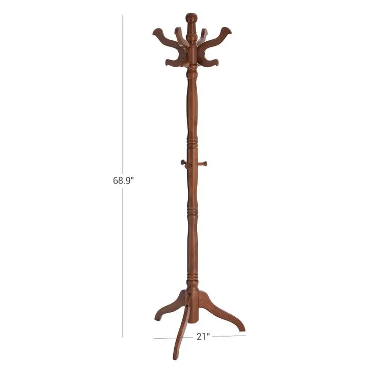 Coat Rack Free Standing with 11 Hooks, Wooden Hall Tree with Solid Rubberwood Base