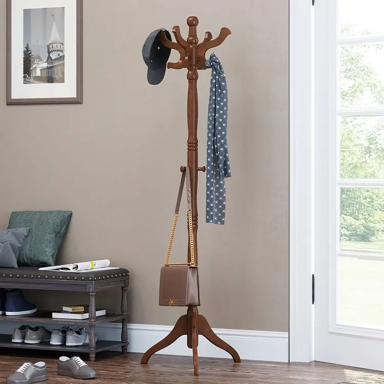 Coat Rack Free Standing with 11 Hooks, Wooden Hall Tree with Solid Rubberwood Base