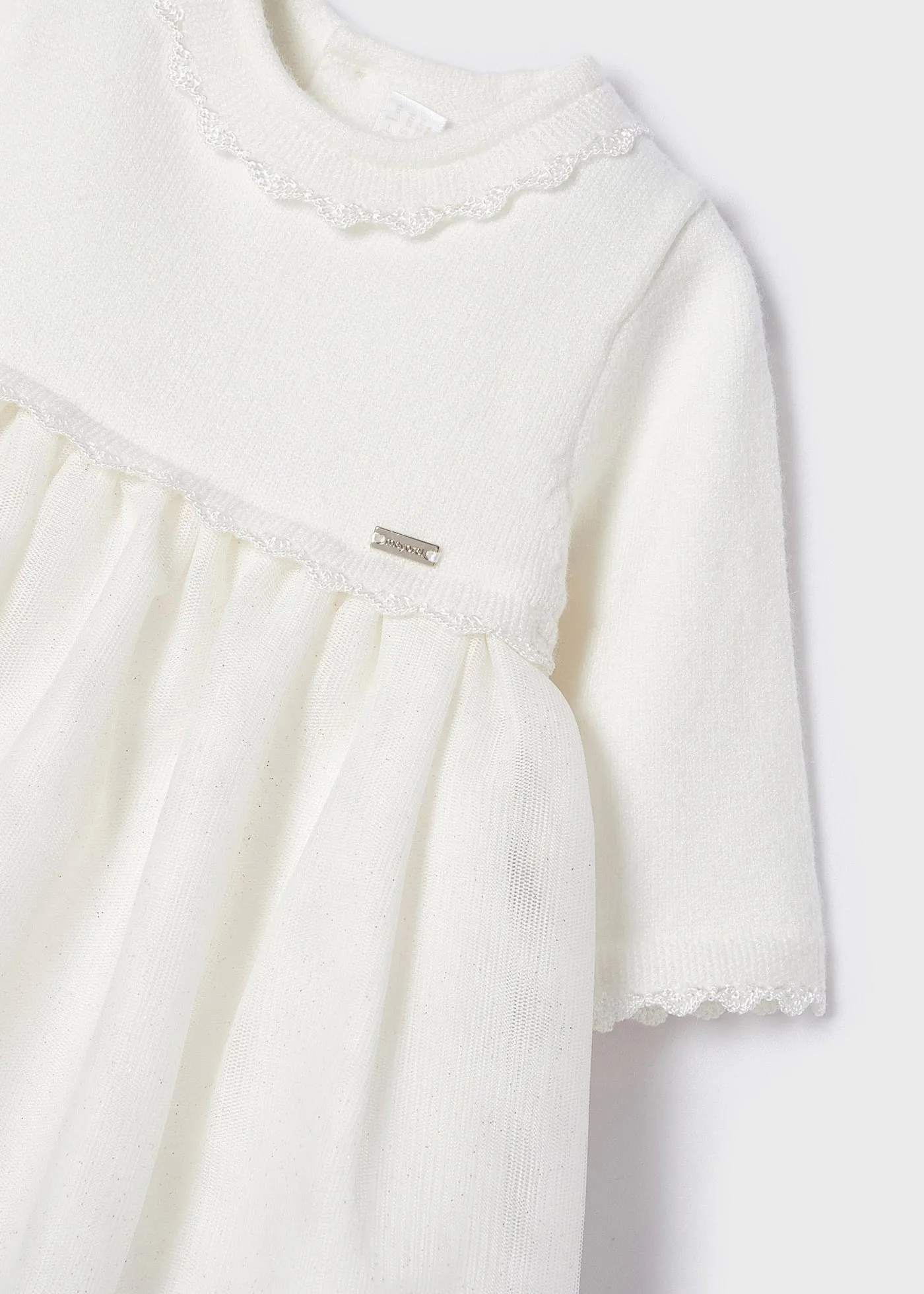 Combined Knit & Sparkle Tulle Formal Baby Girls Dress - Off White | Mayoral