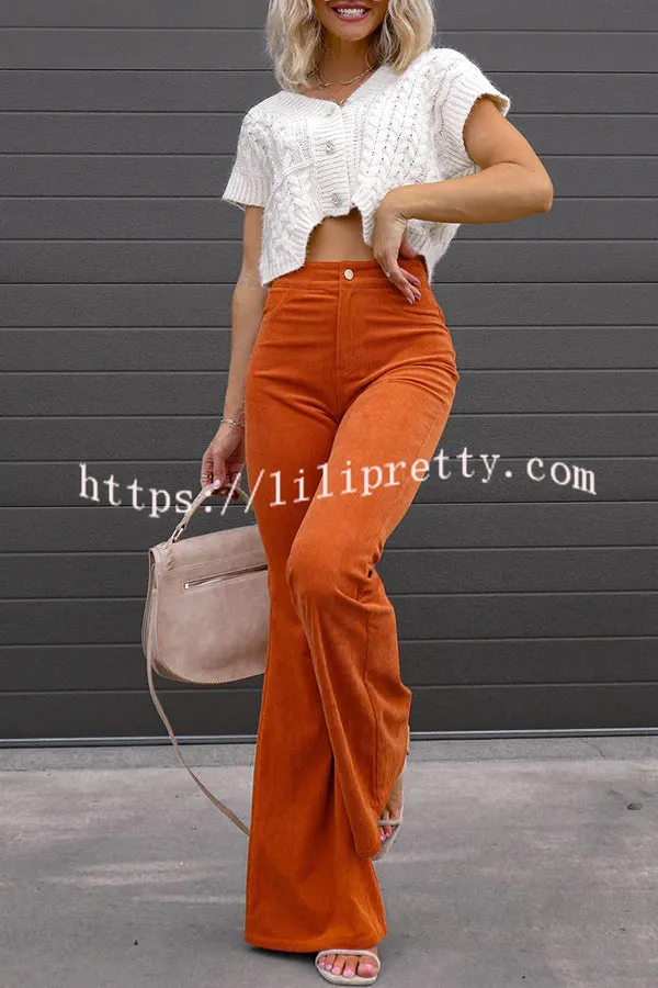Corduroy Pockets Elastic Waist Button Wide Leg Pants