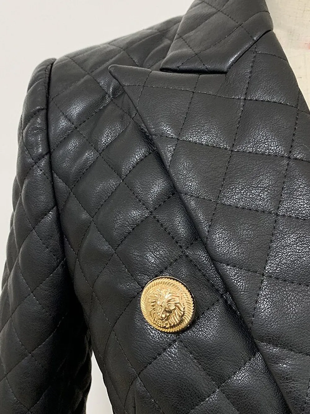 Double-Breasted Plaid Leather Blazer