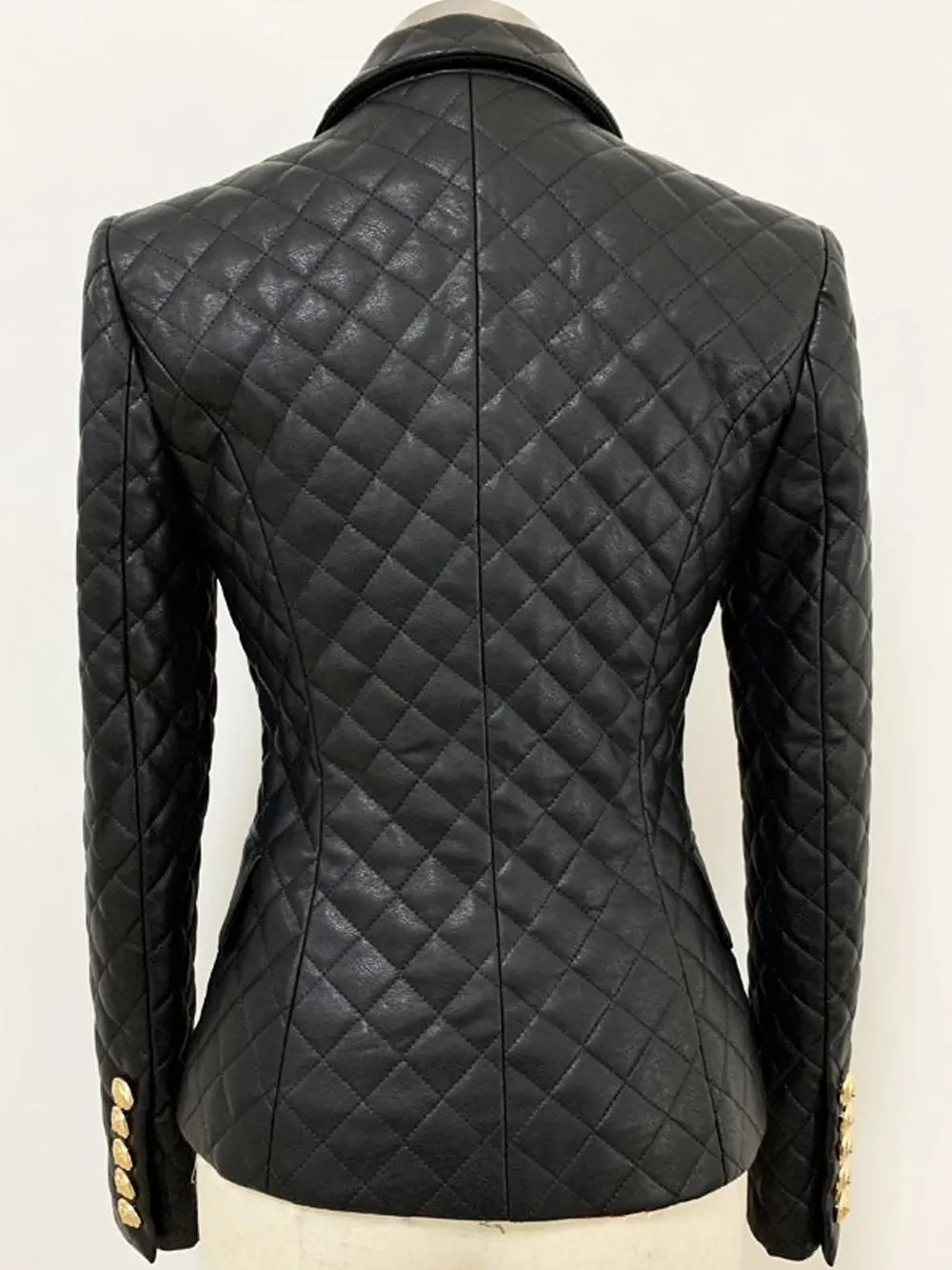 Double-Breasted Plaid Leather Blazer