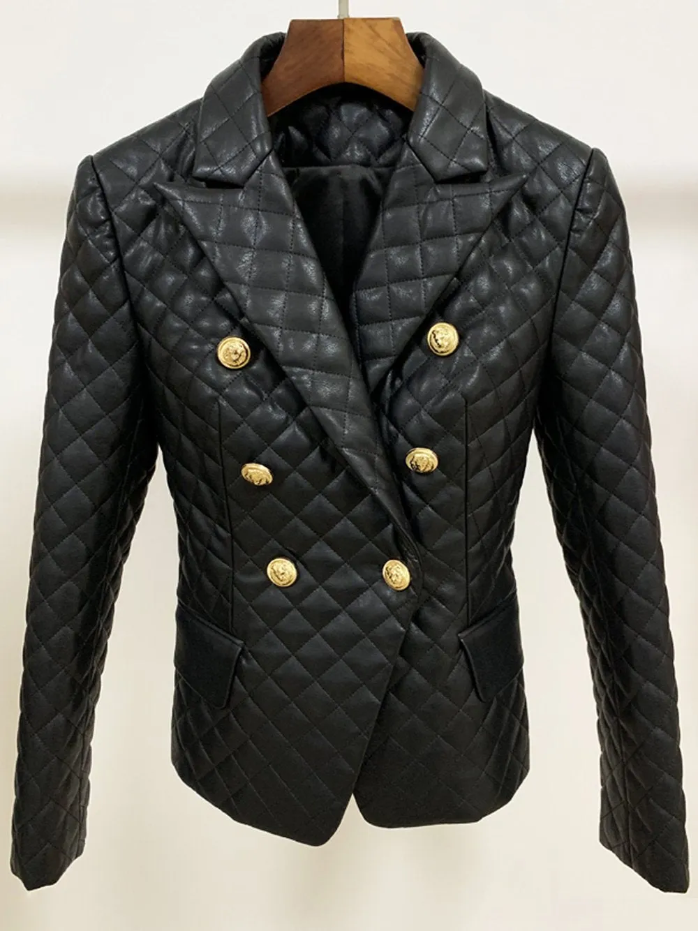 Double-Breasted Plaid Leather Blazer