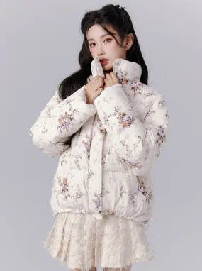 Ethereal Bloom Winter Set: Floral Puffer Jacket and Pleated Lace Skirt