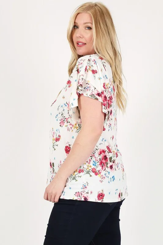 Floral Print Knit Short LayeRed Sleeve Top Plus Size