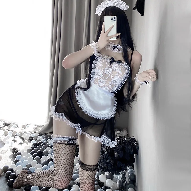 French Maid Costume Sexy Transparent Lace Teddy Outfit Babydoll Lingerie