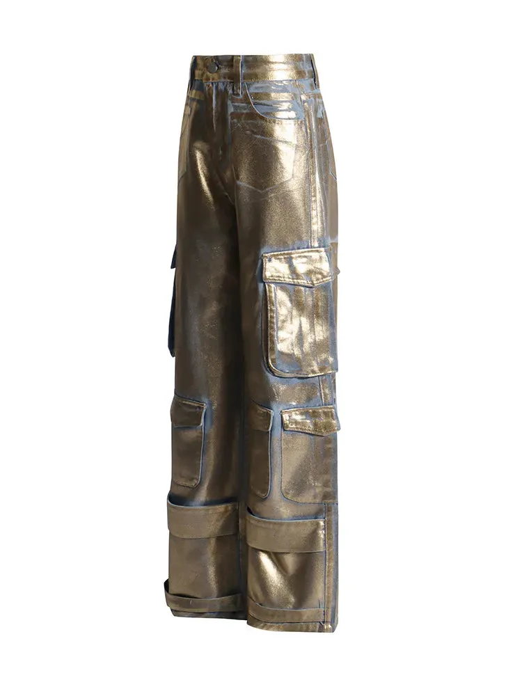 Gold Metallic Multi-Pocket Pants