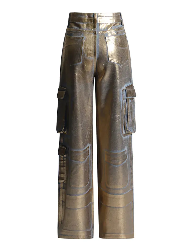 Gold Metallic Multi-Pocket Pants