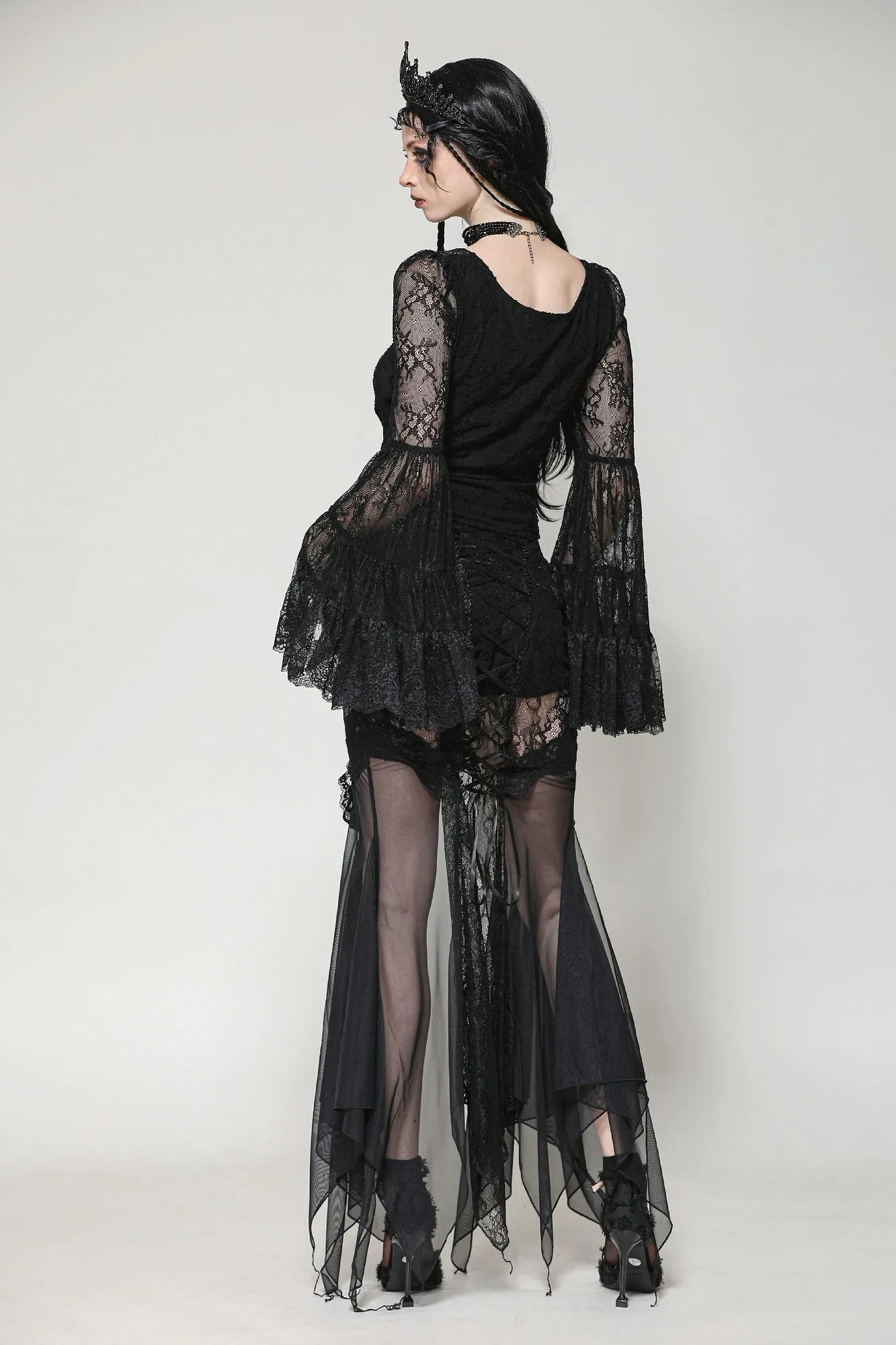 Gothic Romantic Lace Patchwork Bell-Sleeve Layered Cuff Top TW607