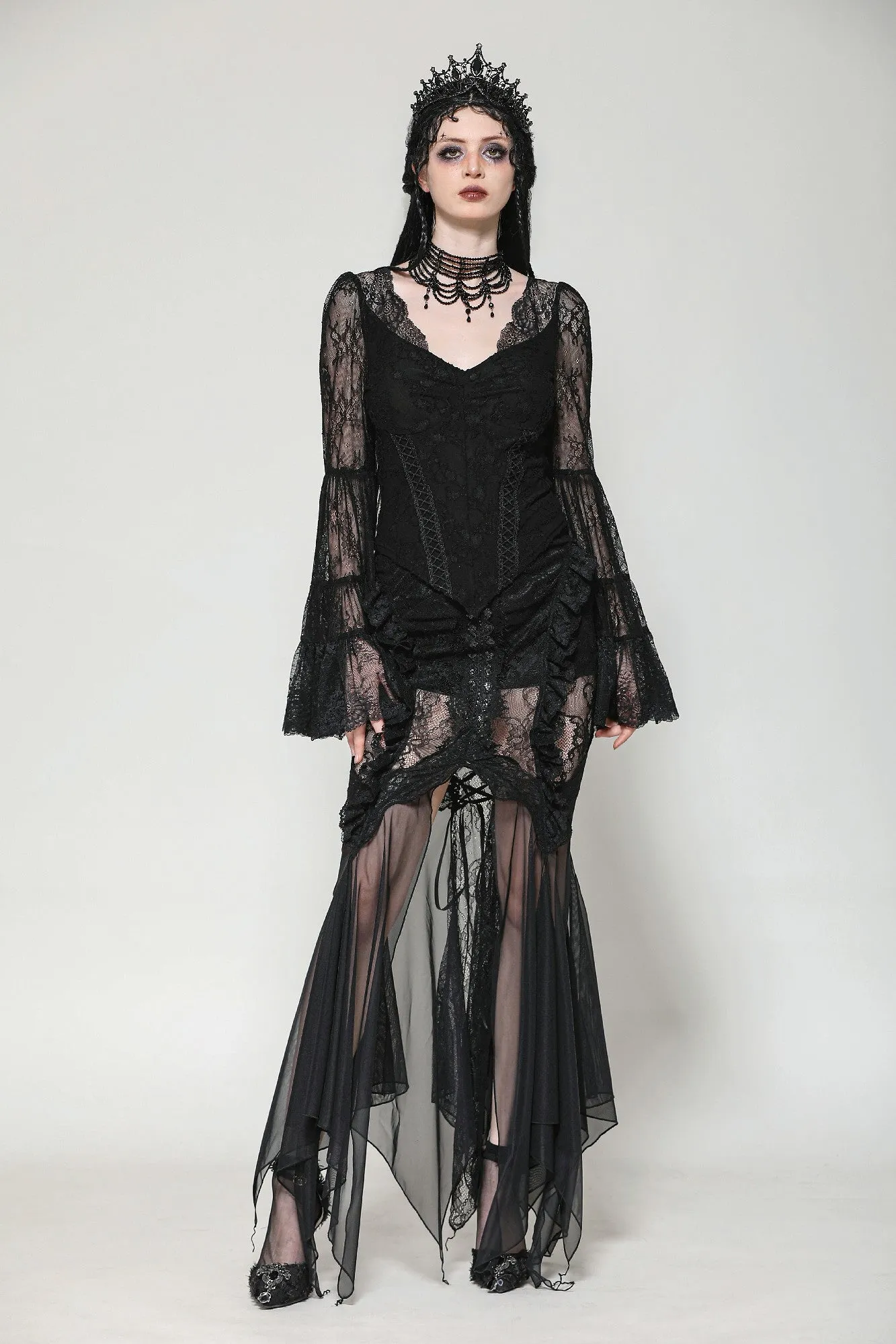 Gothic Romantic Lace Patchwork Bell-Sleeve Layered Cuff Top TW607