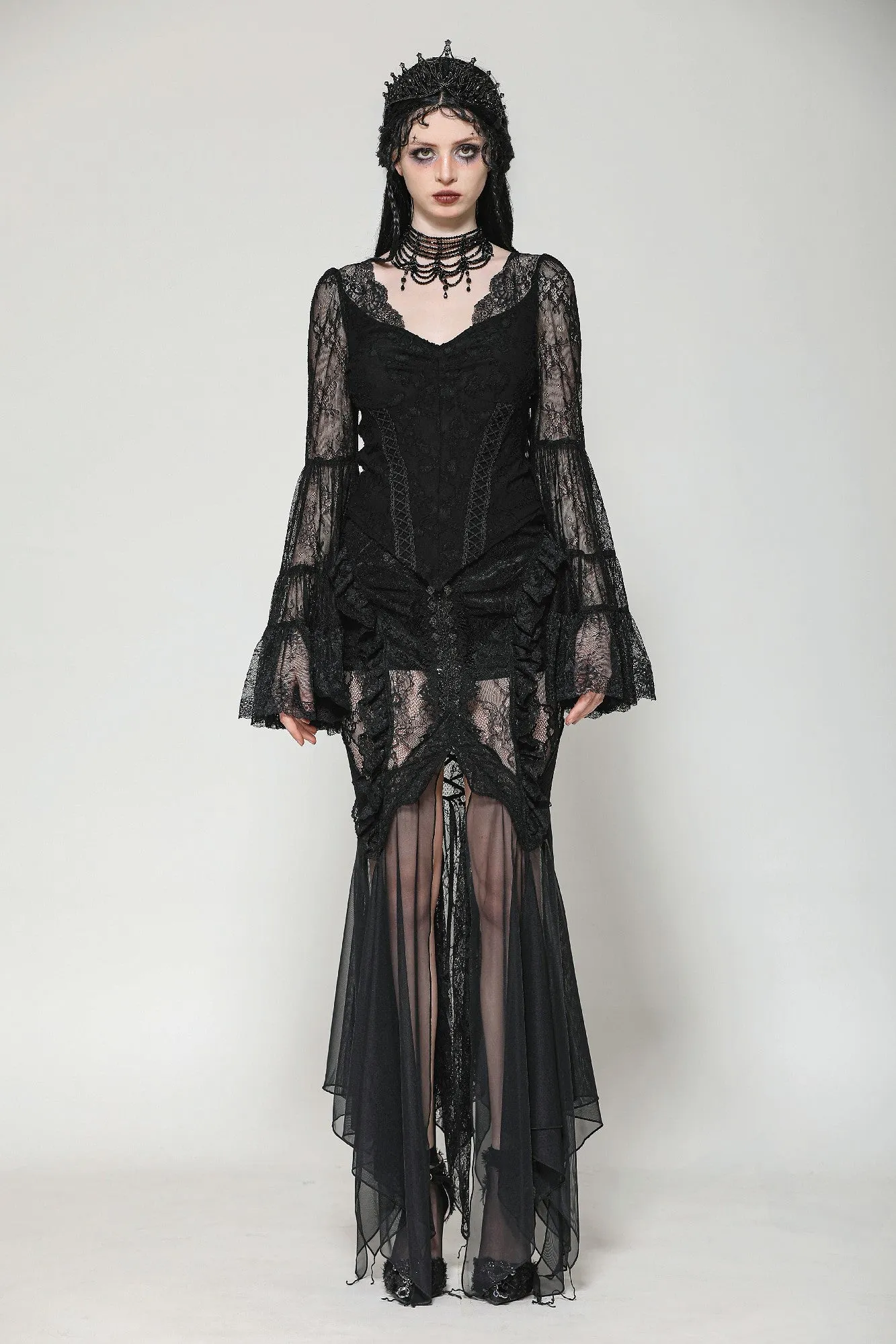 Gothic Romantic Lace Patchwork Bell-Sleeve Layered Cuff Top TW607