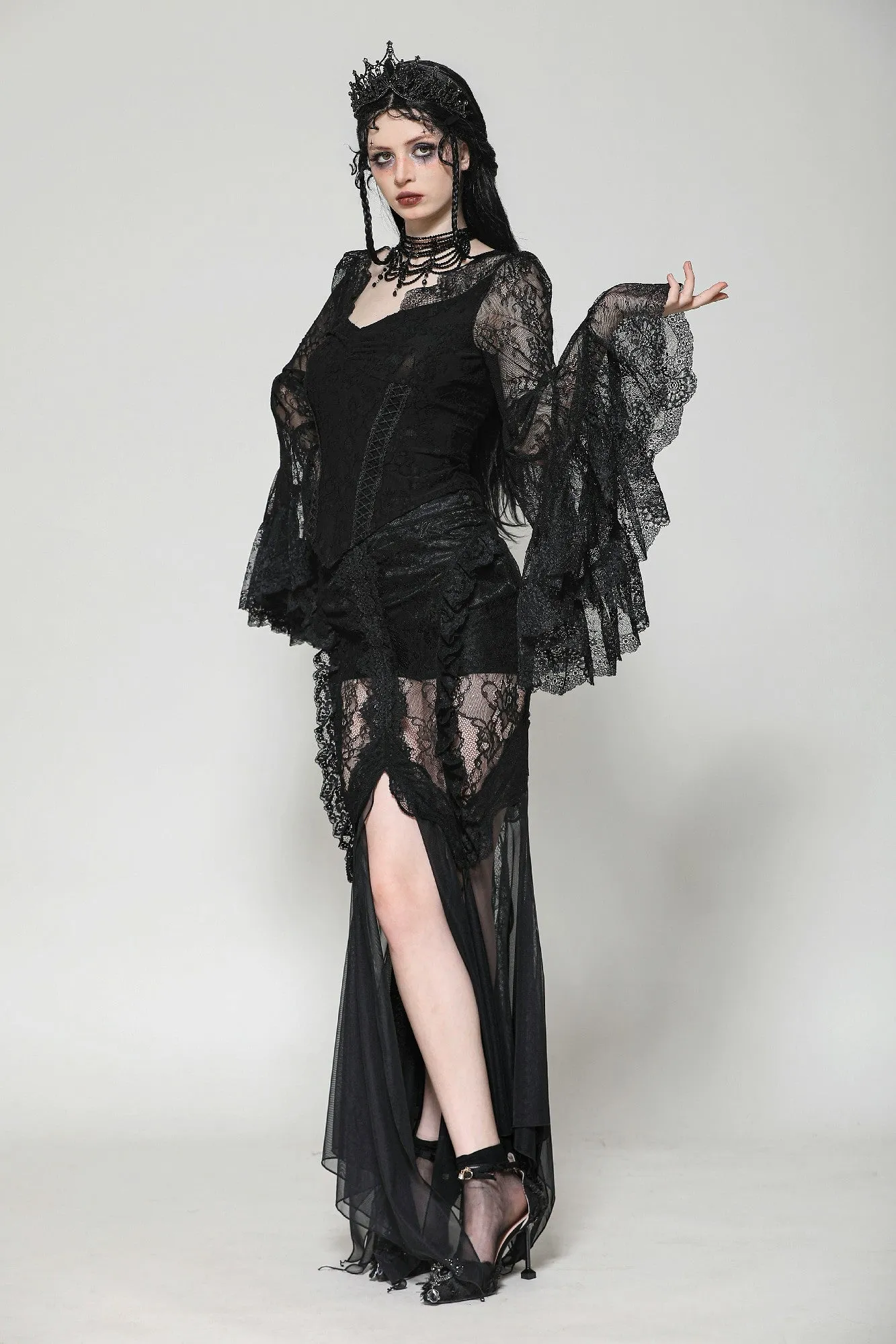 Gothic Romantic Lace Patchwork Bell-Sleeve Layered Cuff Top TW607