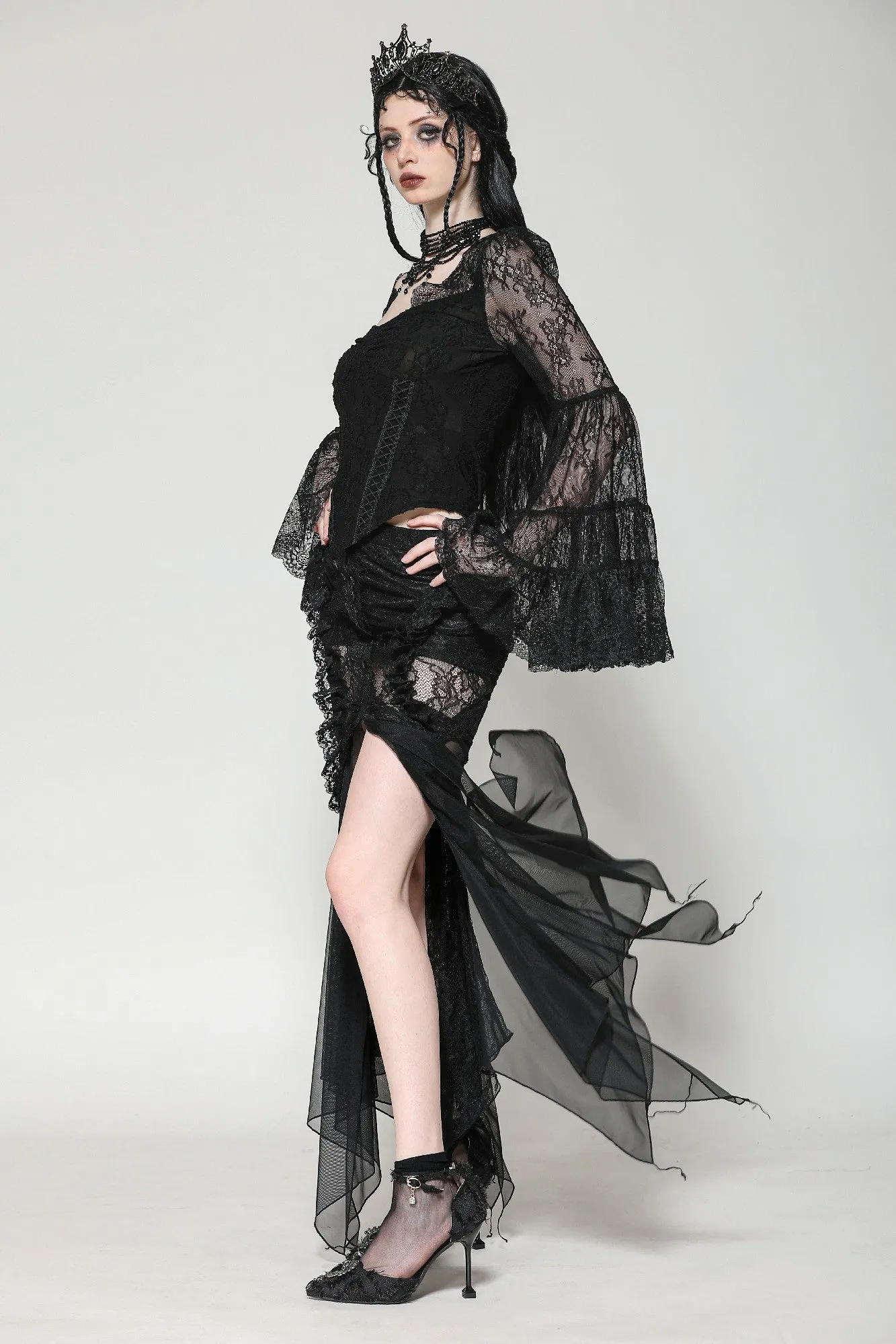 Gothic Romantic Lace Patchwork Bell-Sleeve Layered Cuff Top TW607