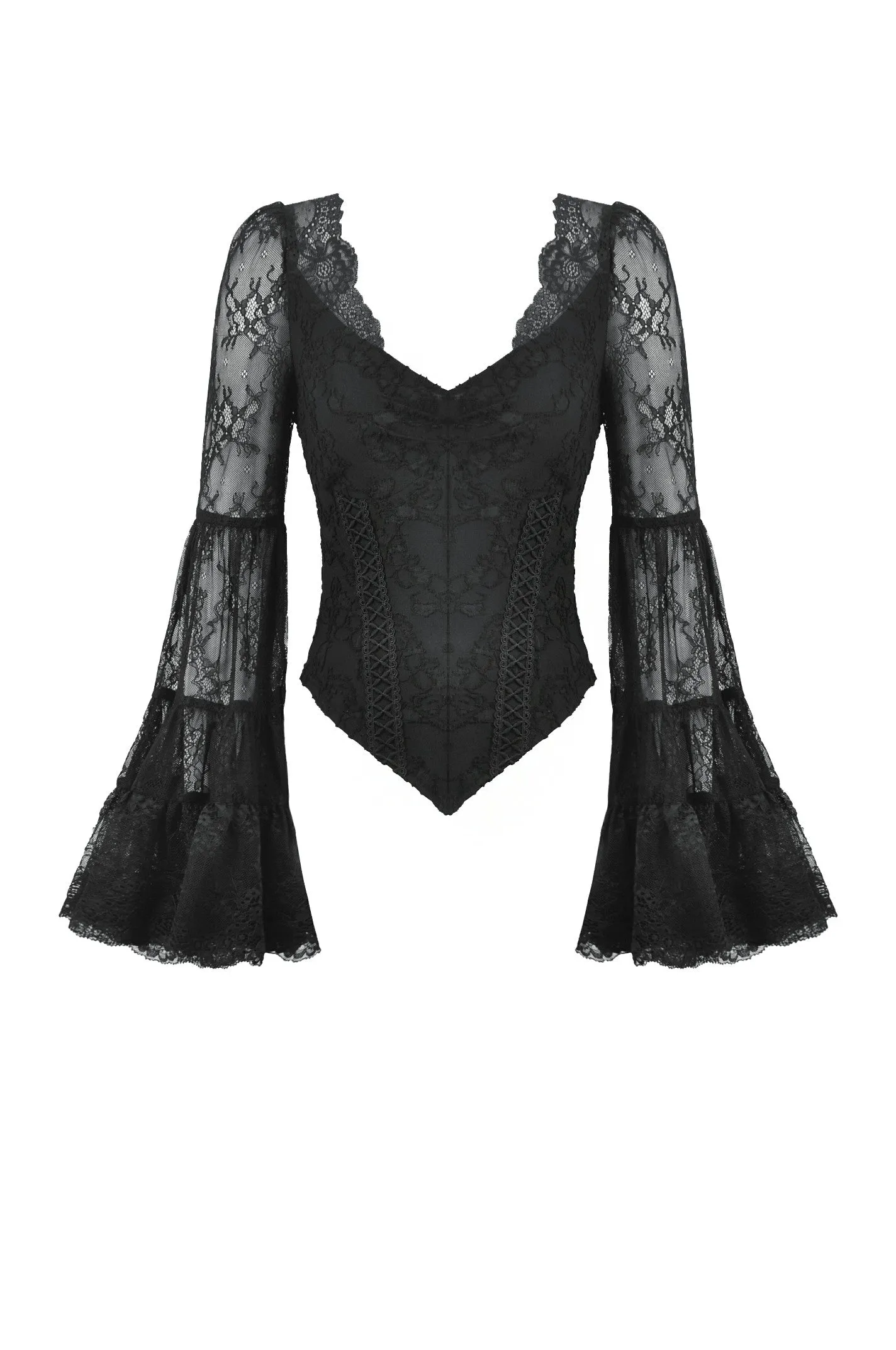 Gothic Romantic Lace Patchwork Bell-Sleeve Layered Cuff Top TW607