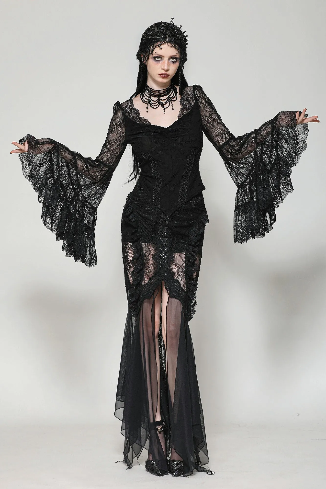 Gothic Romantic Lace Patchwork Bell-Sleeve Layered Cuff Top TW607