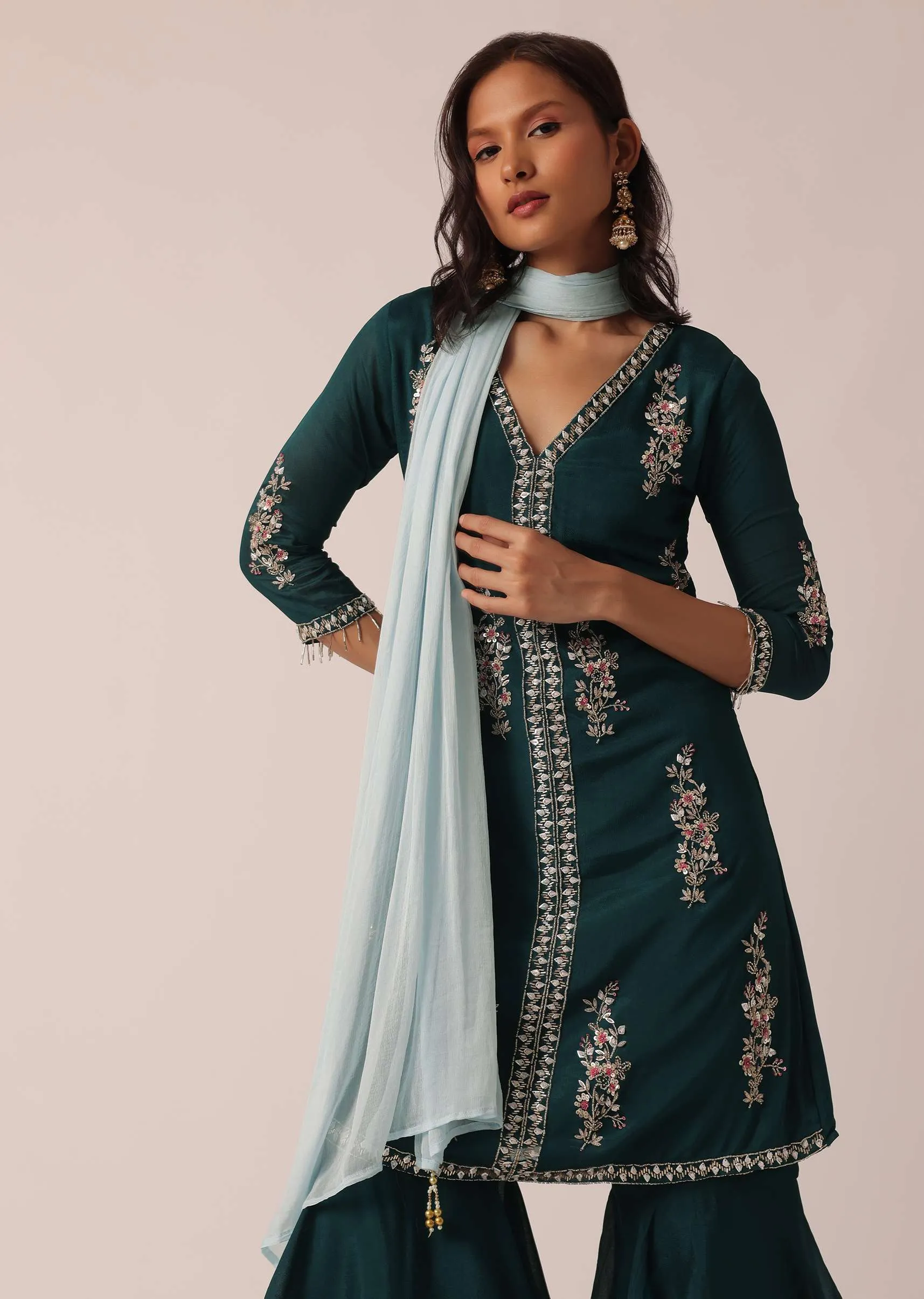 Green Kurta And Layered Pant Set