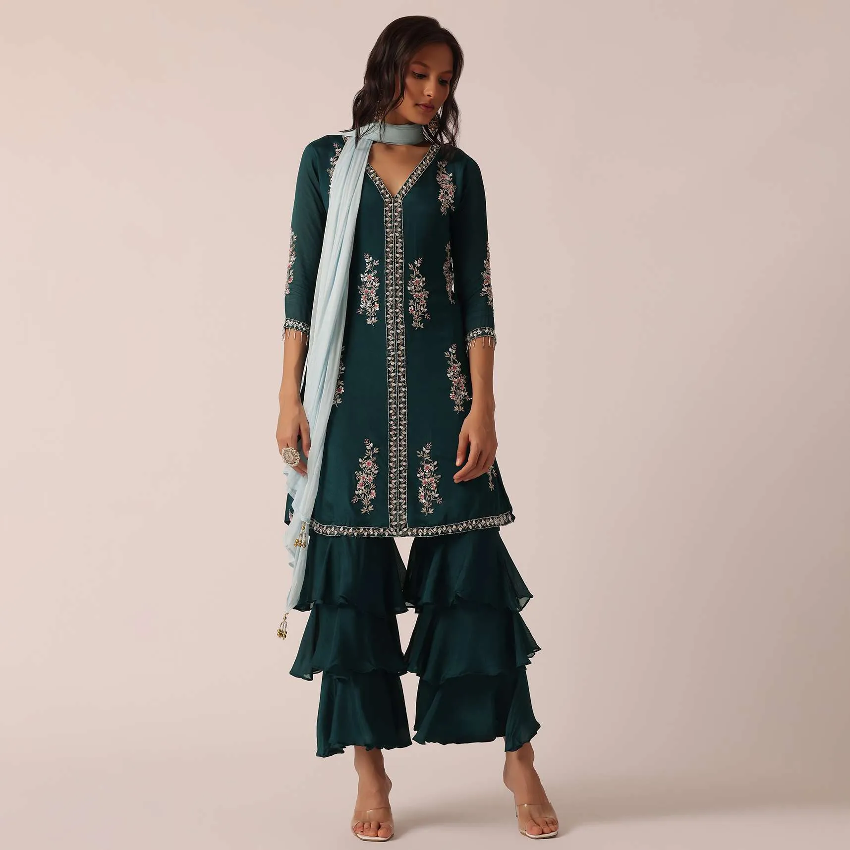 Green Kurta And Layered Pant Set